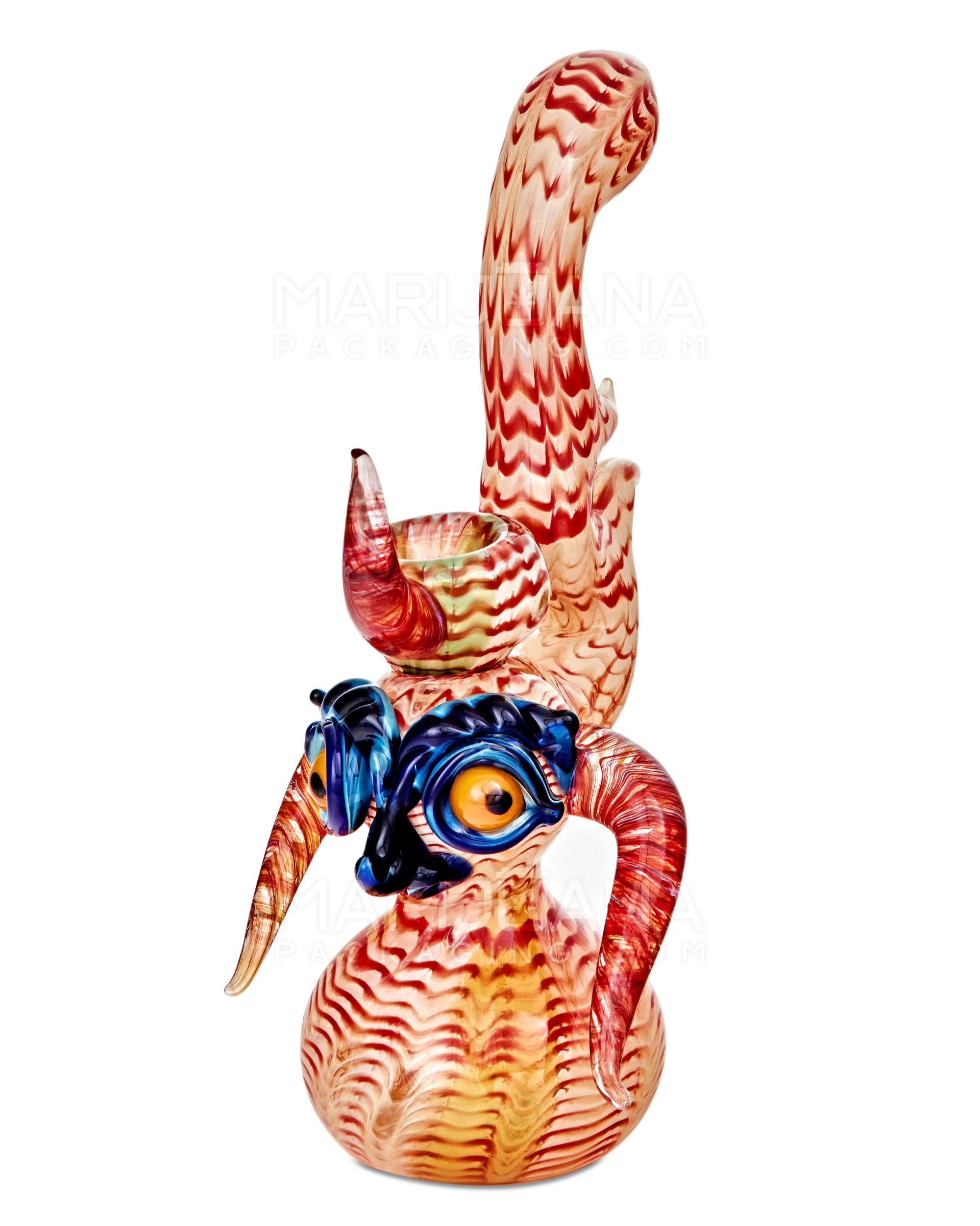 Heady | Crescent Moon Neck Raked & Gold Fumed Owl Face Bubbler w/ Triple Horns | 8.5in Tall - Thick Glass - Assorted - 6
