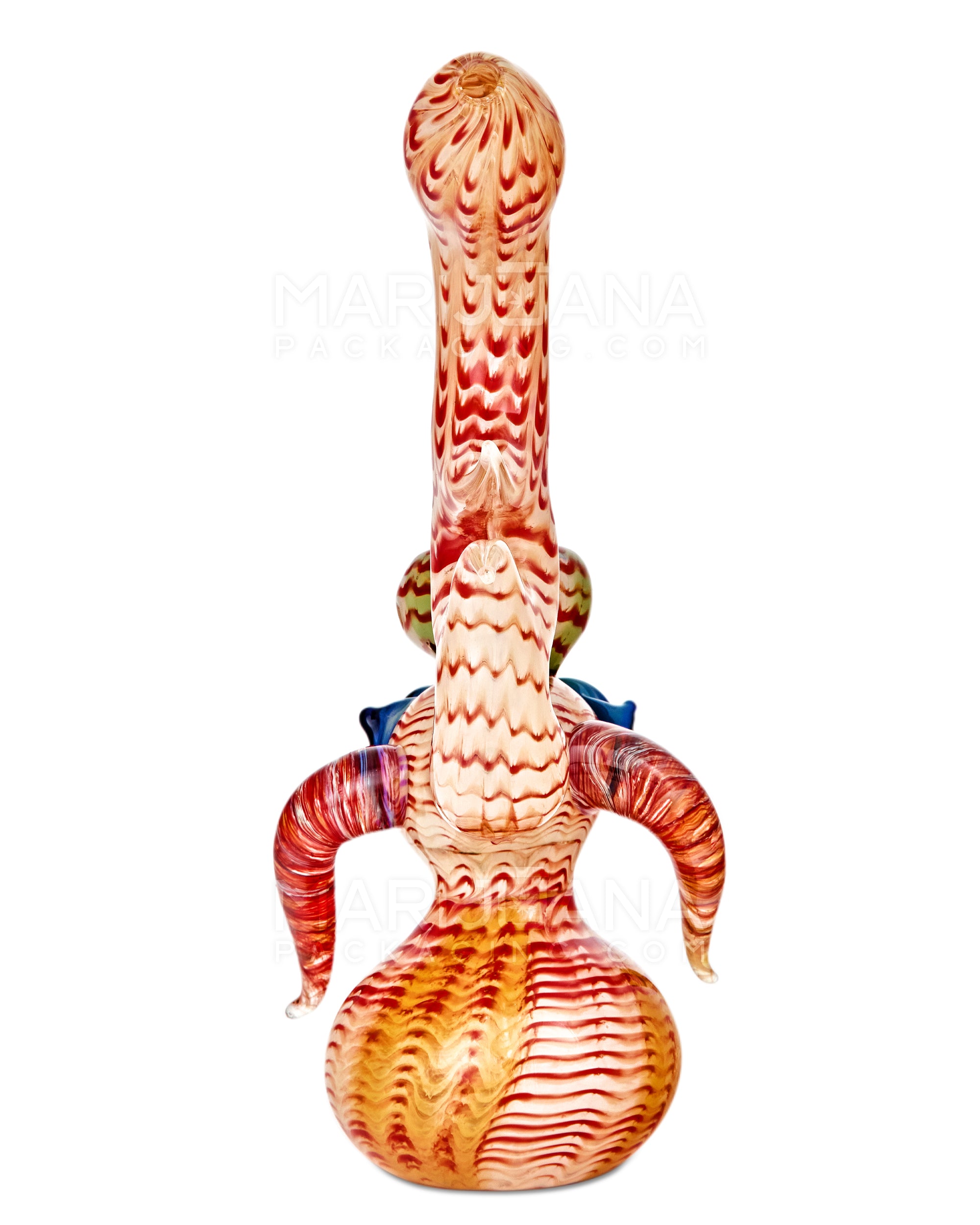 Heady | Crescent Moon Neck Raked & Gold Fumed Owl Face Bubbler w/ Triple Horns | 8.5in Tall - Thick Glass - Assorted - 7