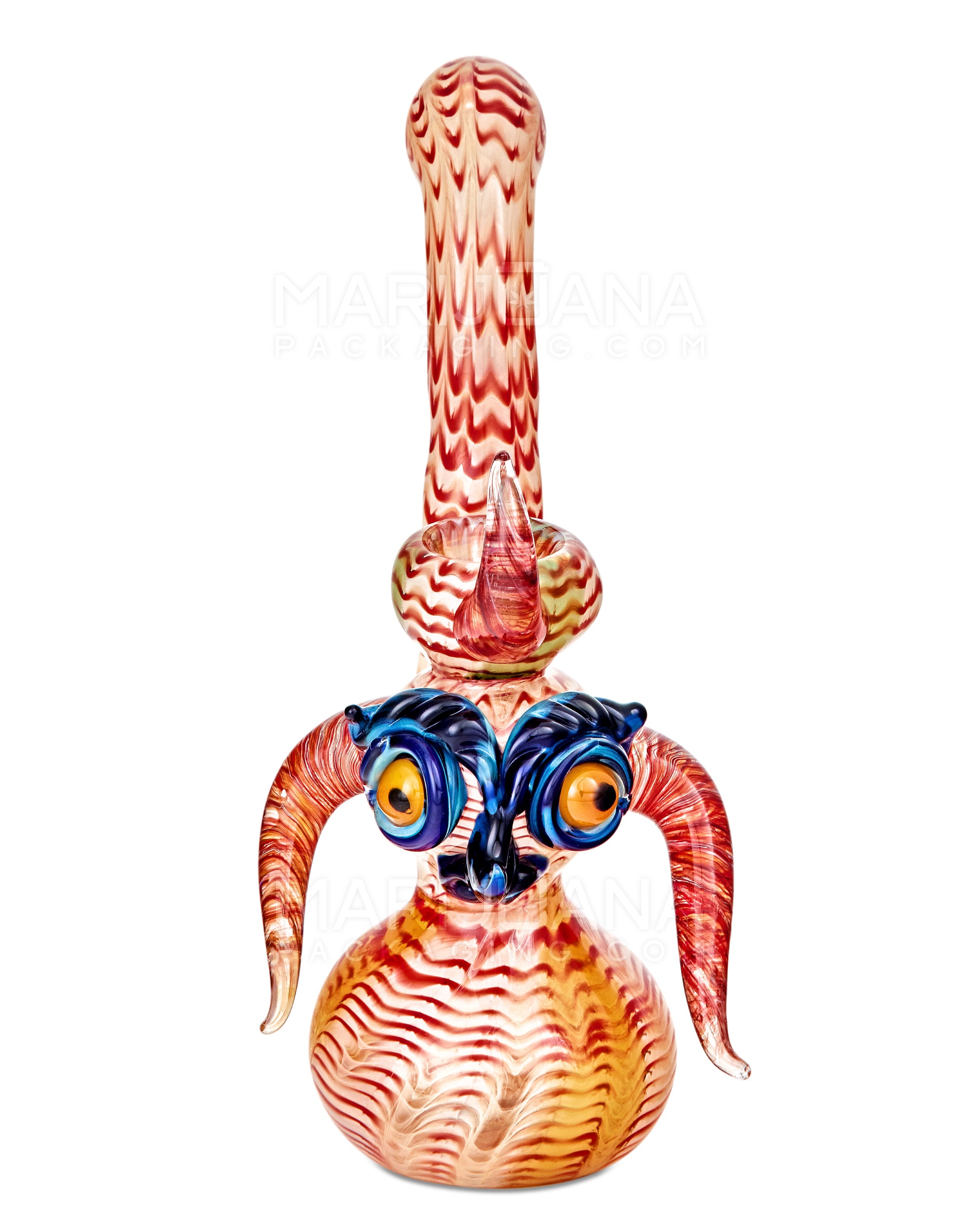 Heady | Crescent Moon Neck Raked & Gold Fumed Owl Face Bubbler w/ Triple Horns | 8.5in Tall - Thick Glass - Assorted - 14