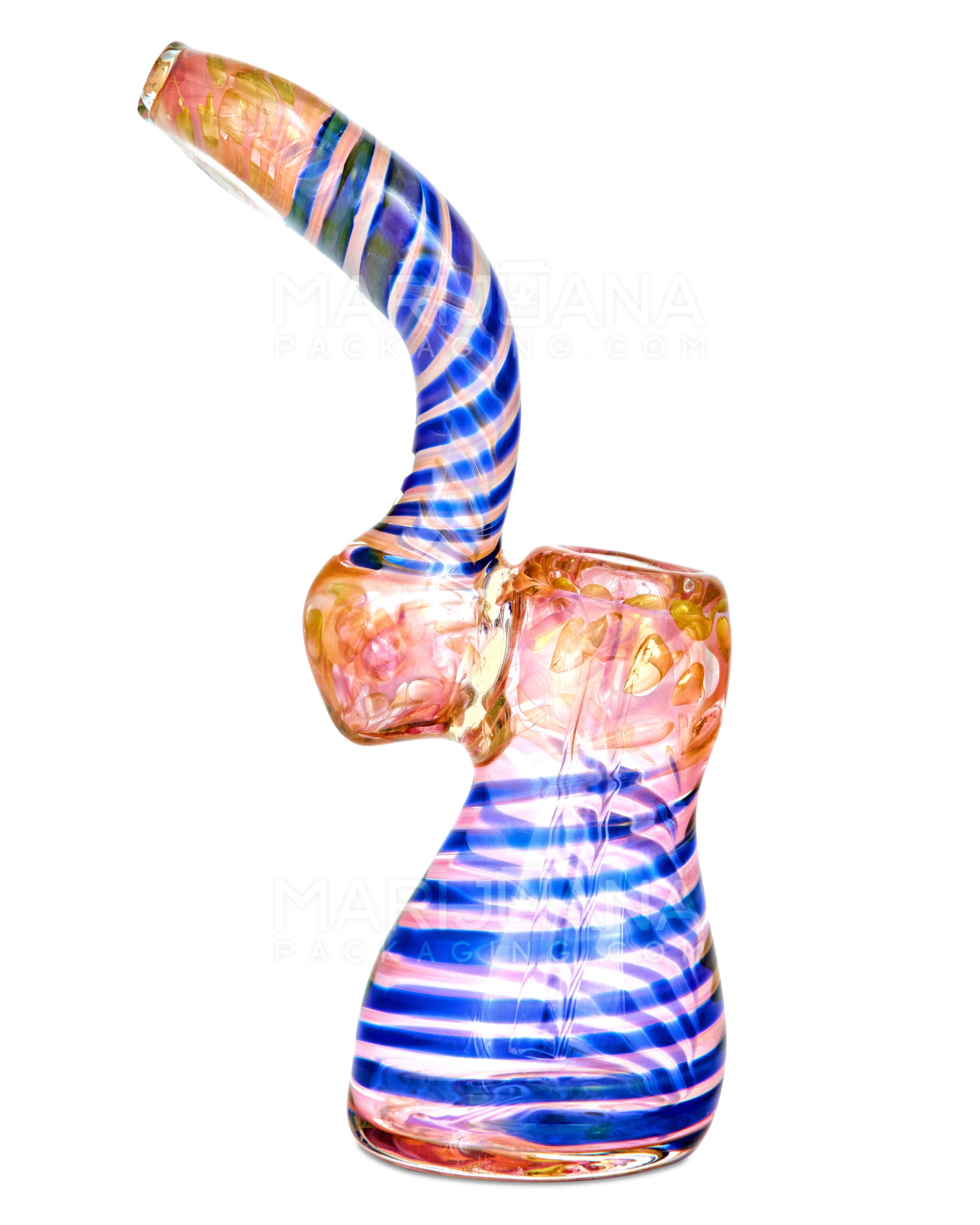 Flat Mouth Spiral & Pink Fumed Bubbler w/ Bubble Trap | 7in Tall - Glass - Pink & Blue - 1