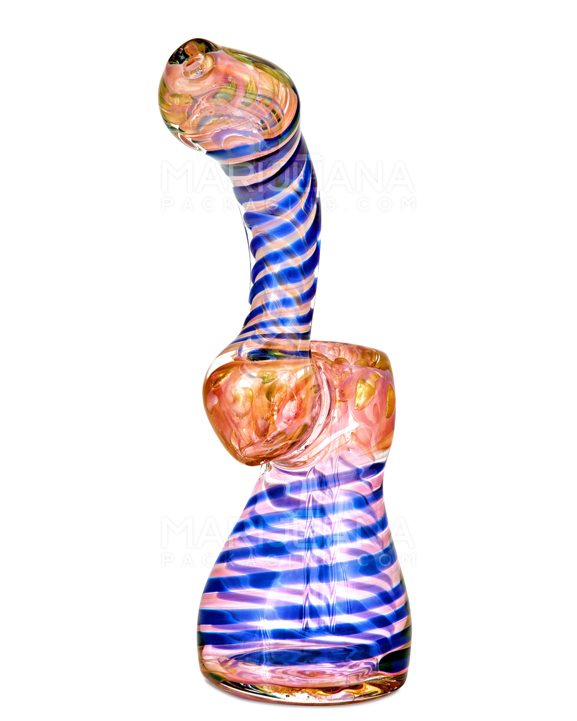 Flat Mouth Spiral & Pink Fumed Bubbler w/ Bubble Trap | 7in Tall - Glass - Pink & Blue - 3