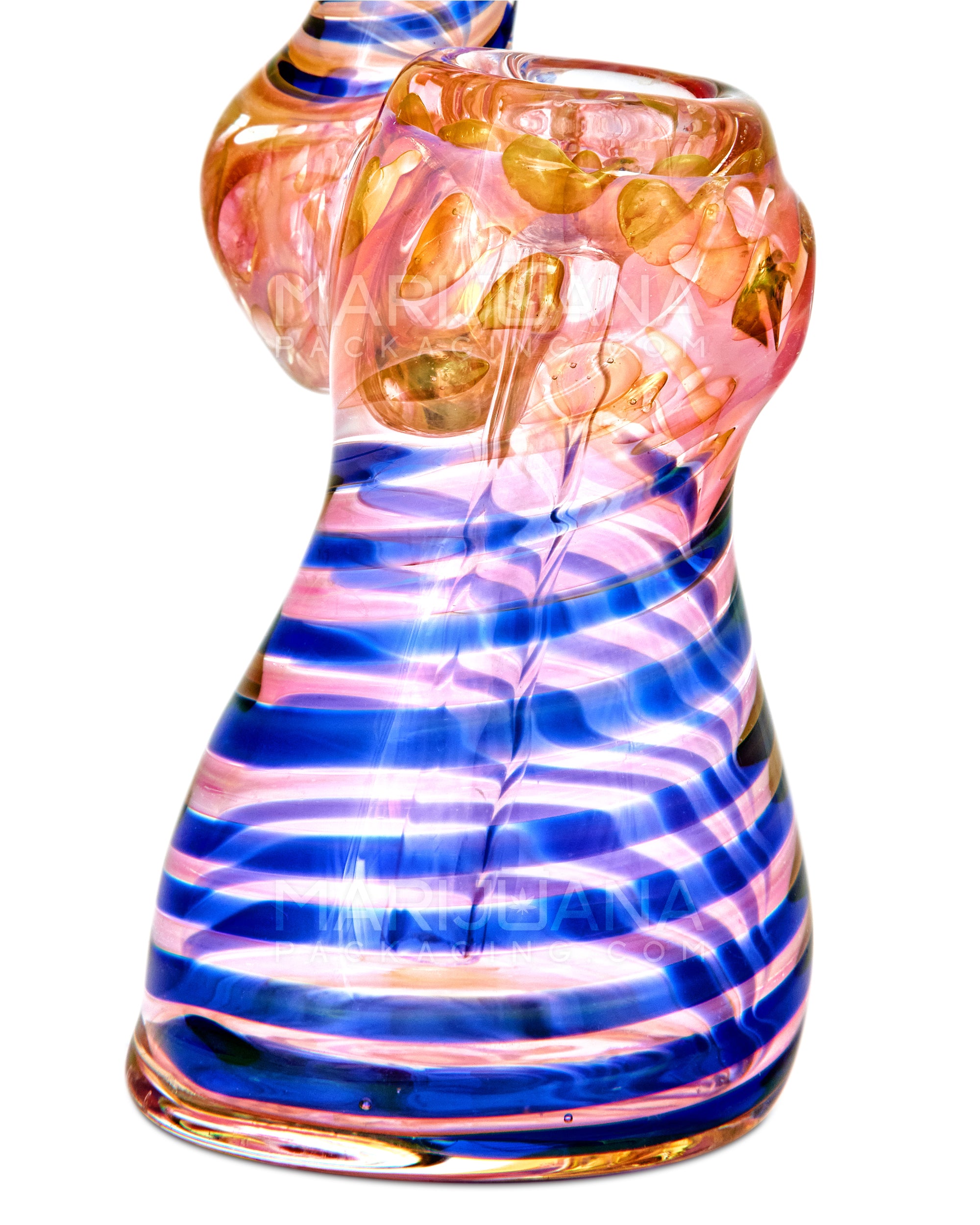 Flat Mouth Spiral & Pink Fumed Bubbler w/ Bubble Trap | 7in Tall - Glass - Pink & Blue - 4
