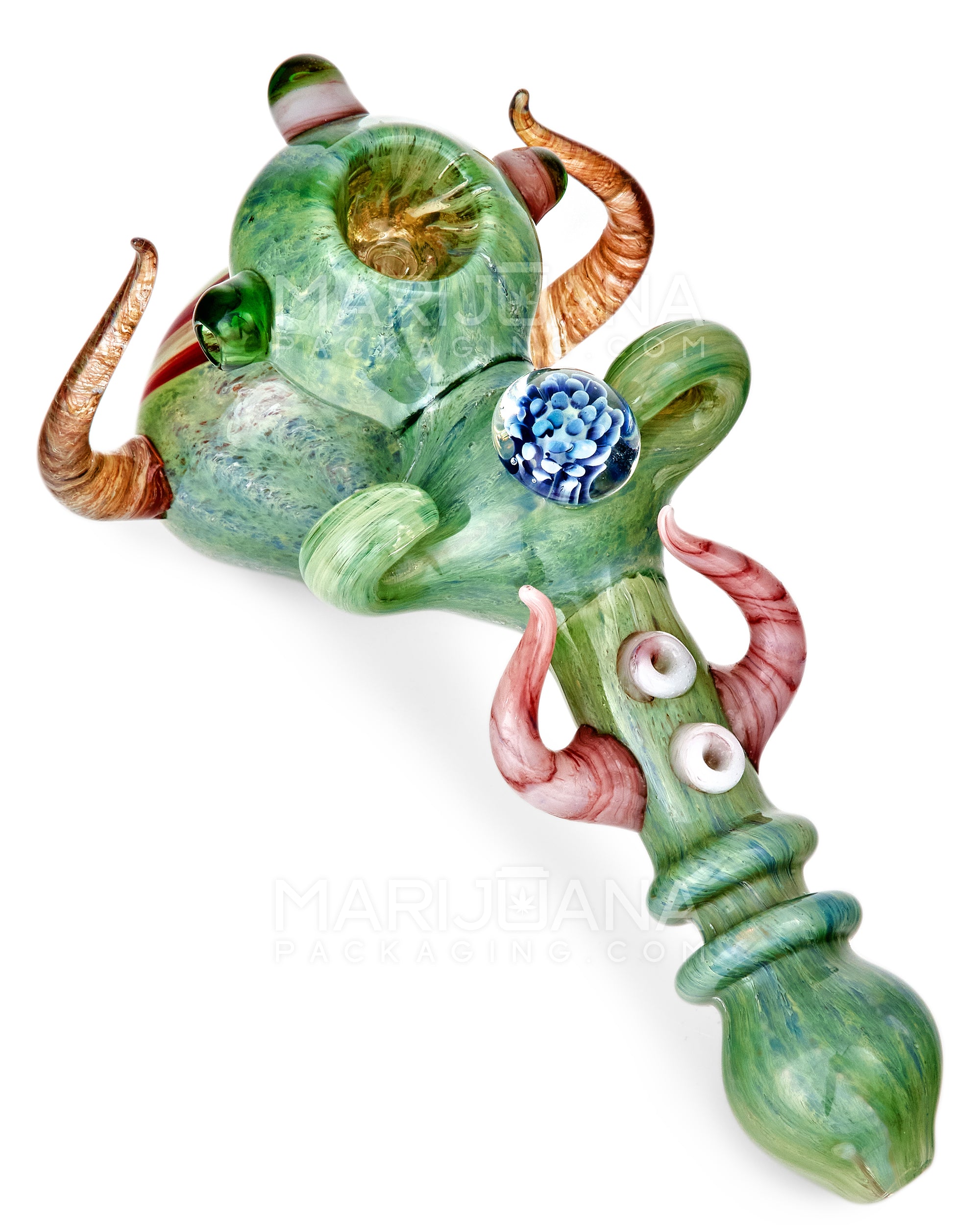 Heady | Ringed Horned Hypnotic Hammer Bubbler w/ Implosion Marble & Double Knockers | 8in Long - Thick Glass - Assorted - 7