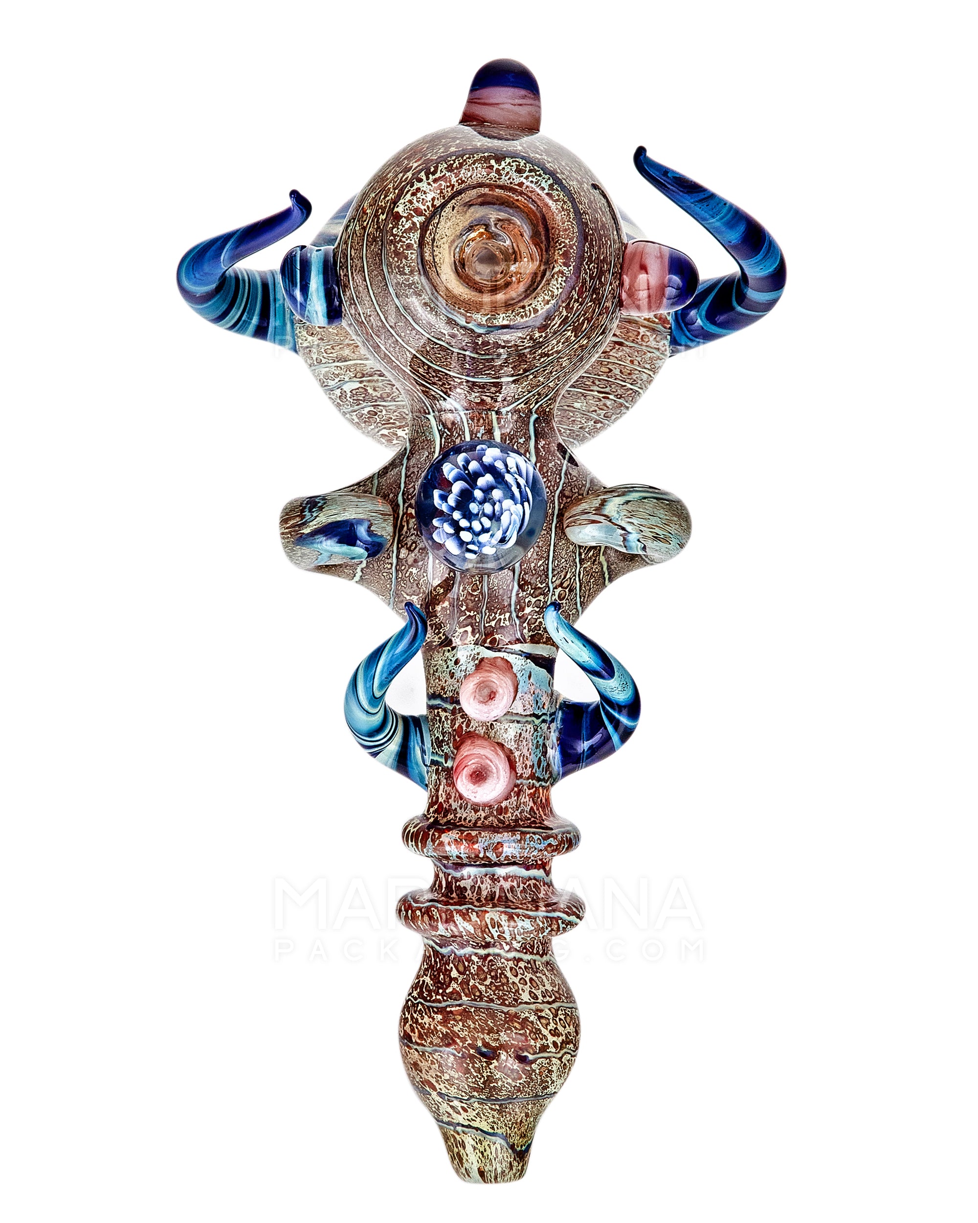 Heady | Ringed Horned Hypnotic Hammer Bubbler w/ Implosion Marble & Double Knockers | 8in Long - Thick Glass - Assorted - 2