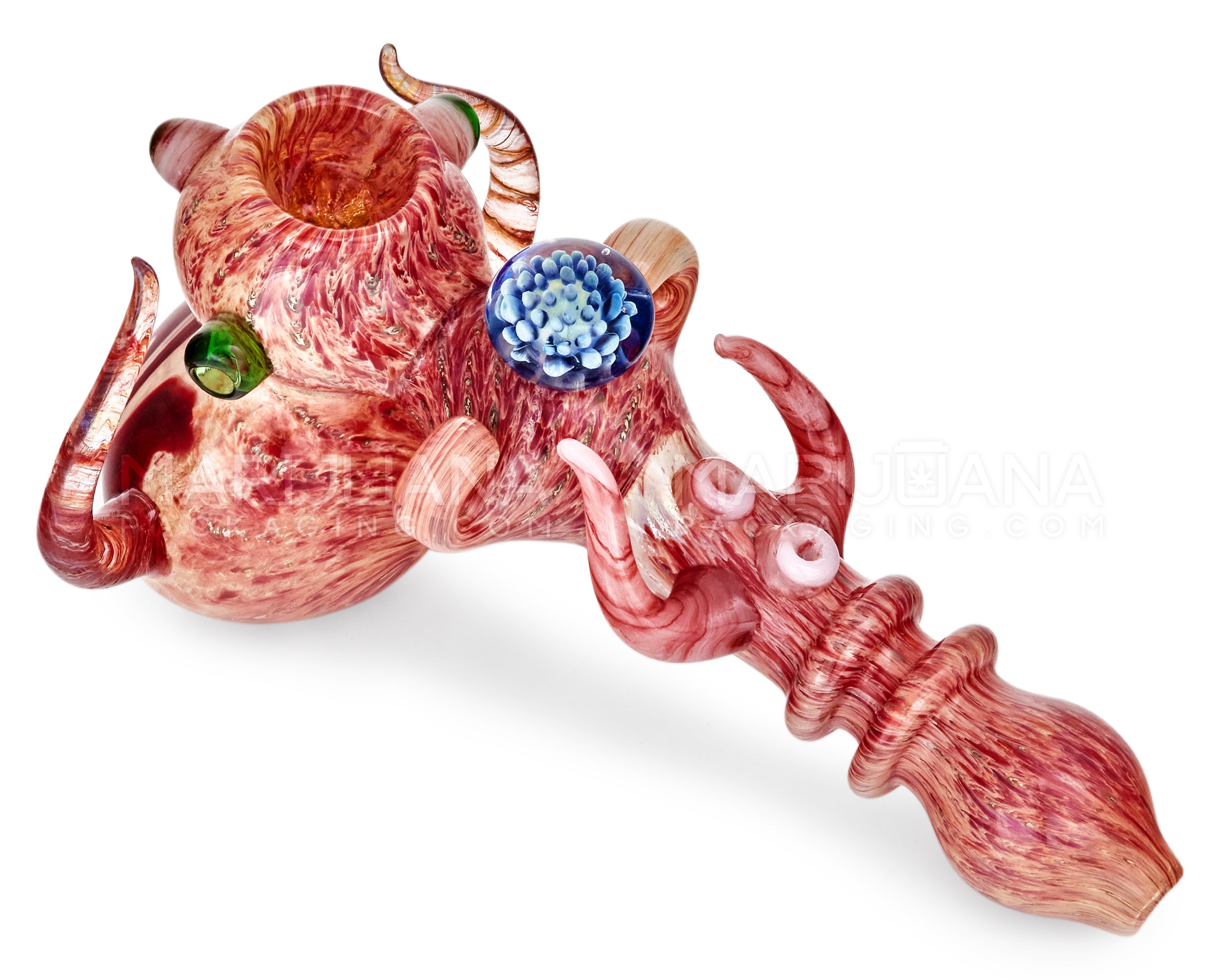 Heady | Ringed Horned Hypnotic Hammer Bubbler w/ Implosion Marble & Double Knockers | 8in Long - Thick Glass - Assorted - 13
