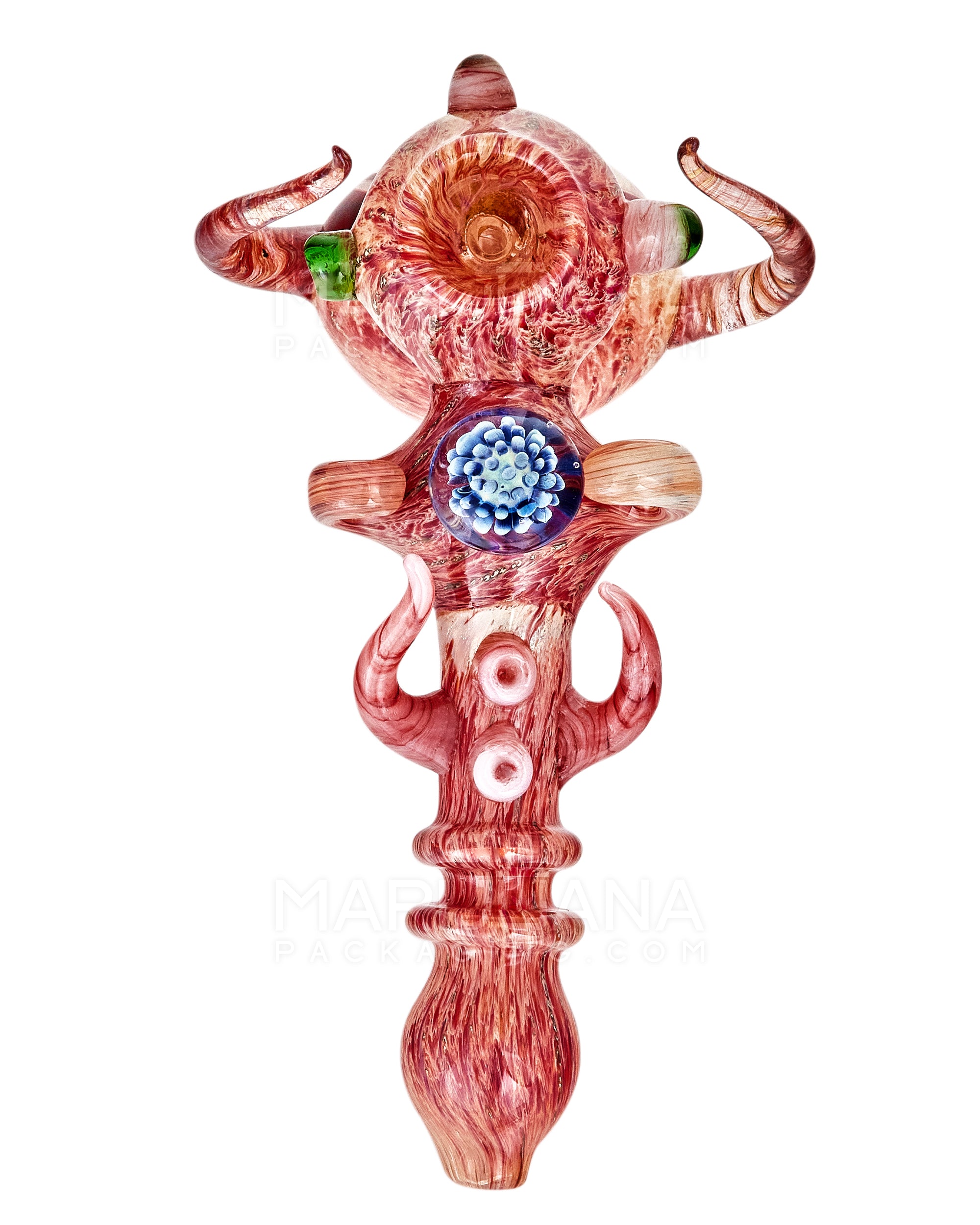 Heady | Ringed Horned Hypnotic Hammer Bubbler w/ Implosion Marble & Double Knockers | 8in Long - Thick Glass - Assorted - 14
