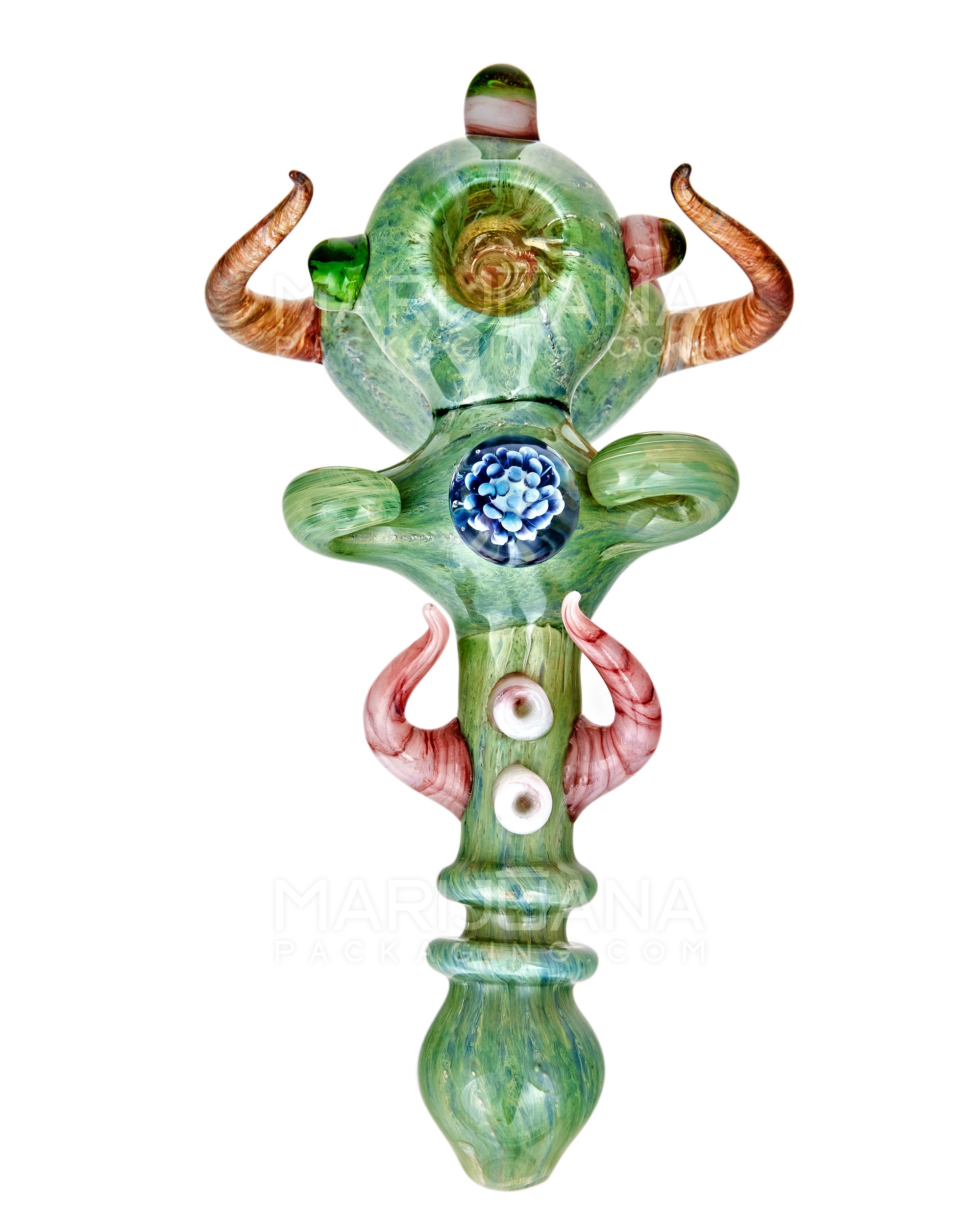 Heady | Ringed Horned Hypnotic Hammer Bubbler w/ Implosion Marble & Double Knockers | 8in Long - Thick Glass - Assorted - 8