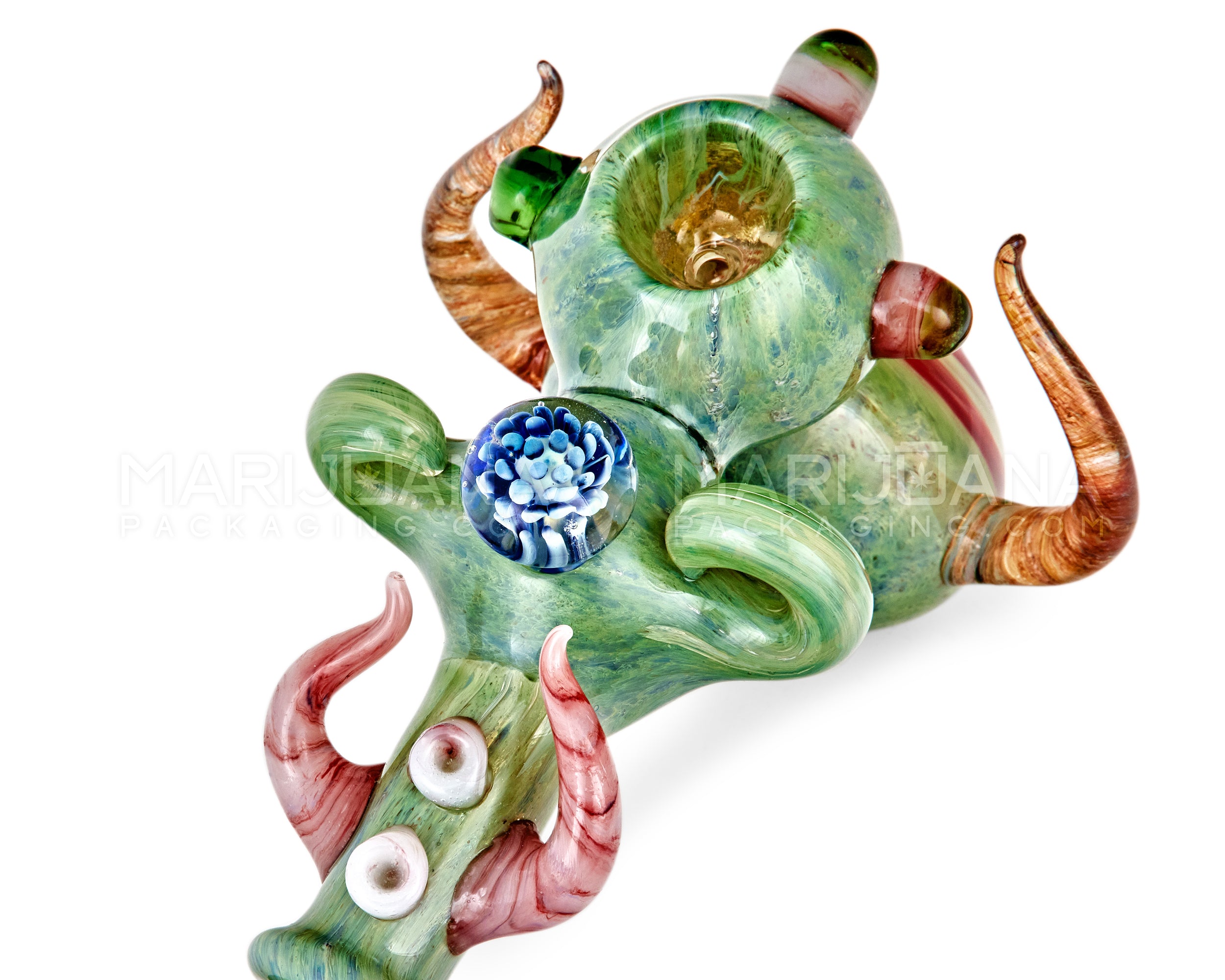 Heady | Ringed Horned Hypnotic Hammer Bubbler w/ Implosion Marble & Double Knockers | 8in Long - Thick Glass - Assorted - 10