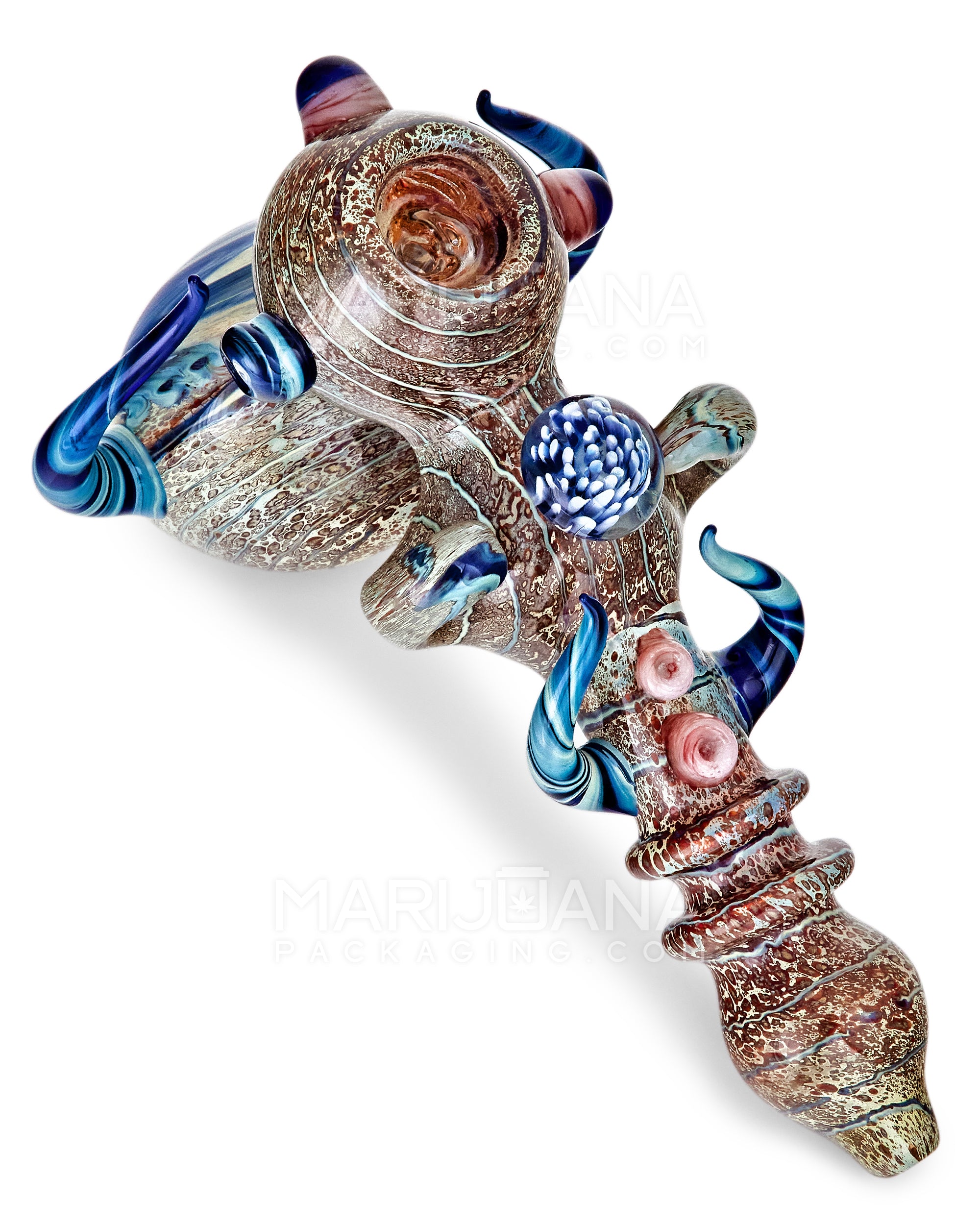 Heady | Ringed Horned Hypnotic Hammer Bubbler w/ Implosion Marble & Double Knockers | 8in Long - Thick Glass - Assorted - 1