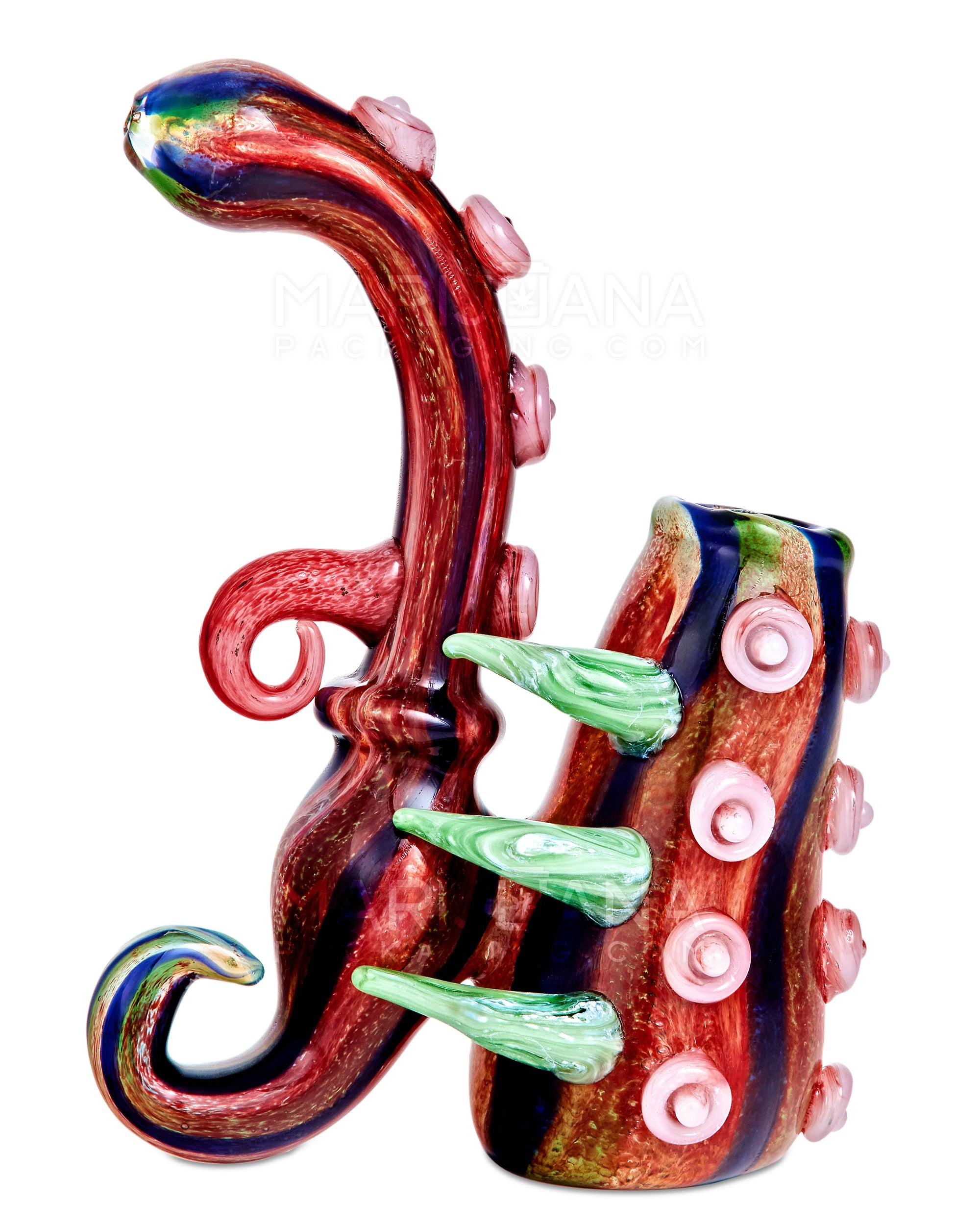 Heady | Striped & Color Pull Kraken Bubbler w/ Triple Horns | 7in Tall - Very Thick Glass - Red - 1