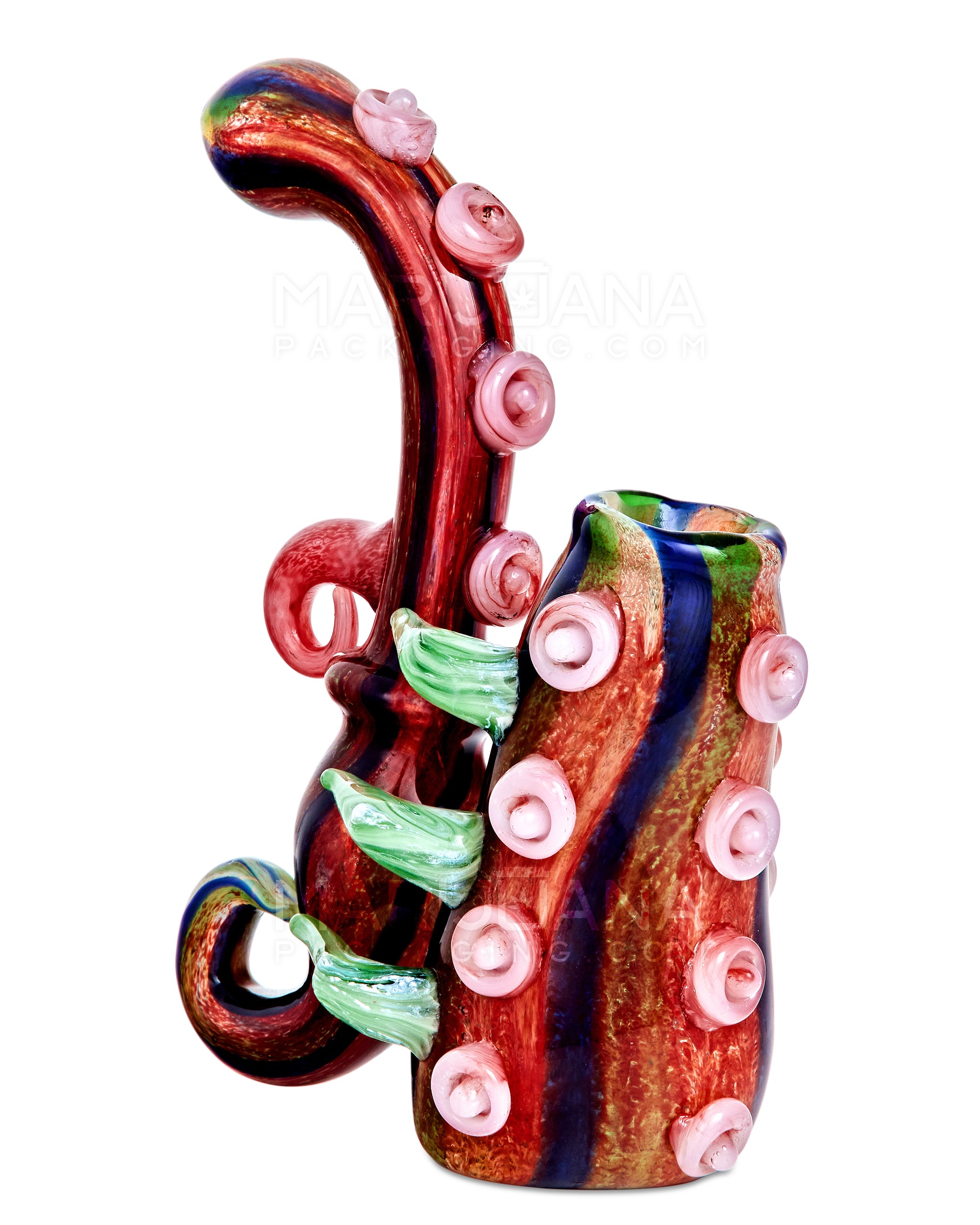 Heady | Striped & Color Pull Kraken Bubbler w/ Triple Horns | 7in Tall - Very Thick Glass - Red - 11