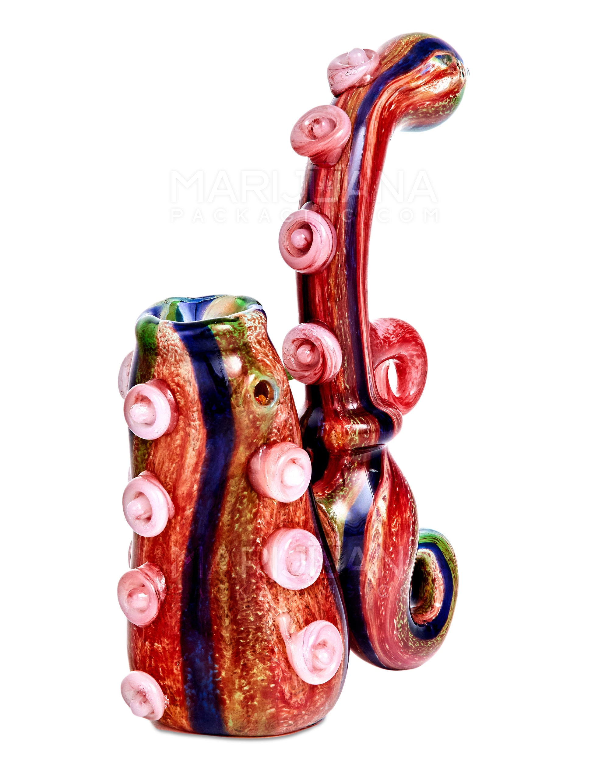 Heady | Striped & Color Pull Kraken Bubbler w/ Triple Horns | 7in Tall - Very Thick Glass - Red - 3