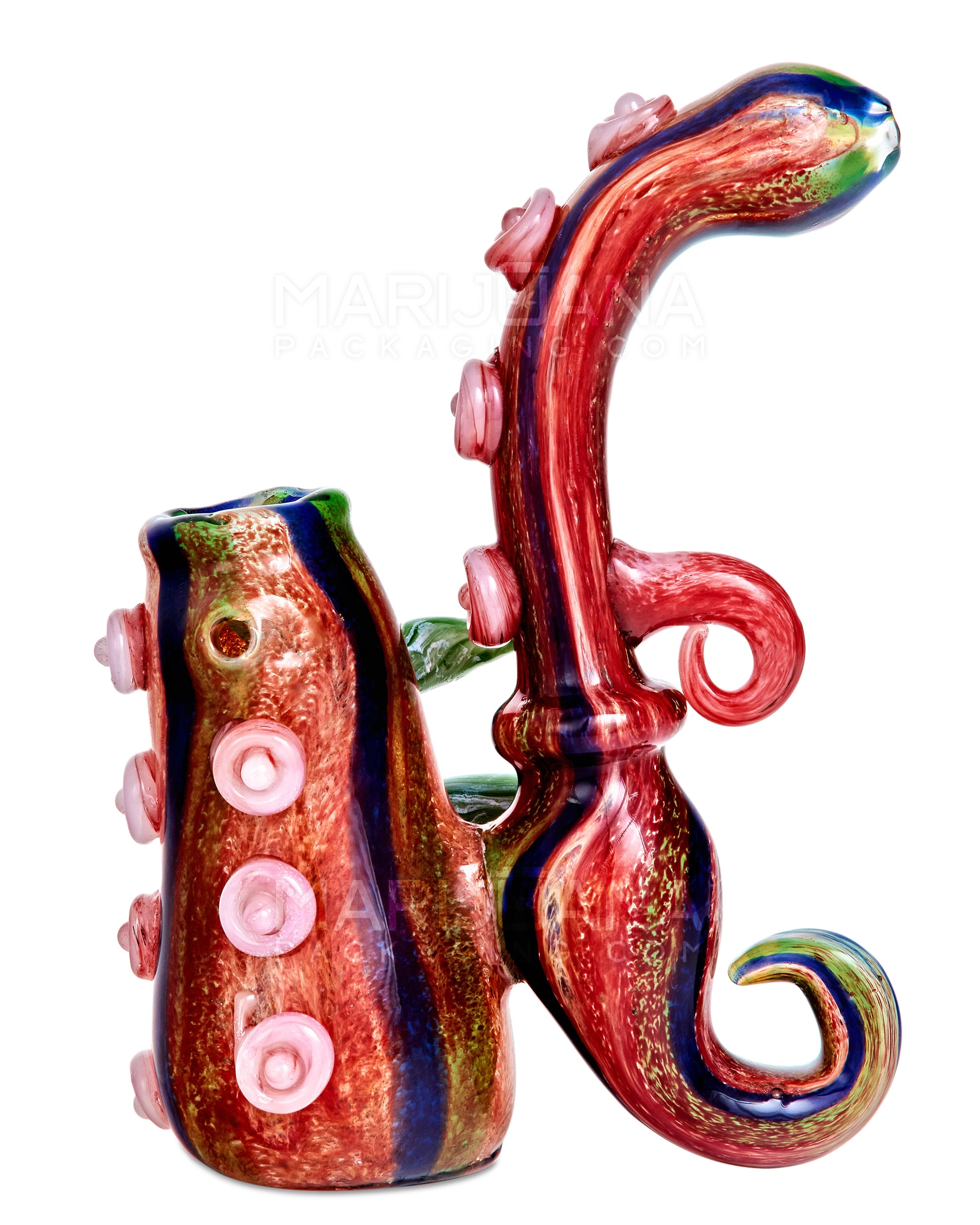Heady | Striped & Color Pull Kraken Bubbler w/ Triple Horns | 7in Tall - Very Thick Glass - Red - 4