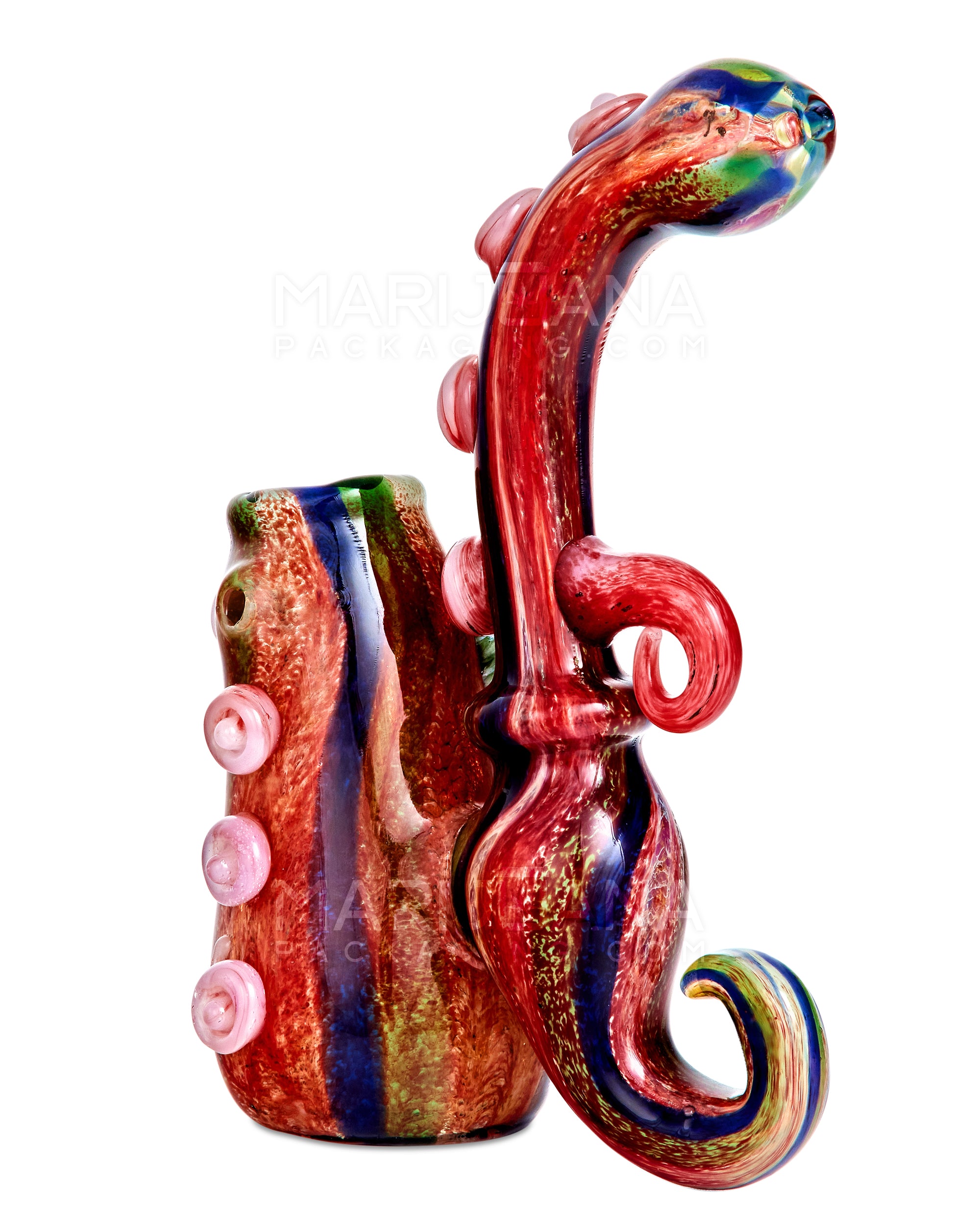 Heady | Striped & Color Pull Kraken Bubbler w/ Triple Horns | 7in Tall - Very Thick Glass - Red - 5