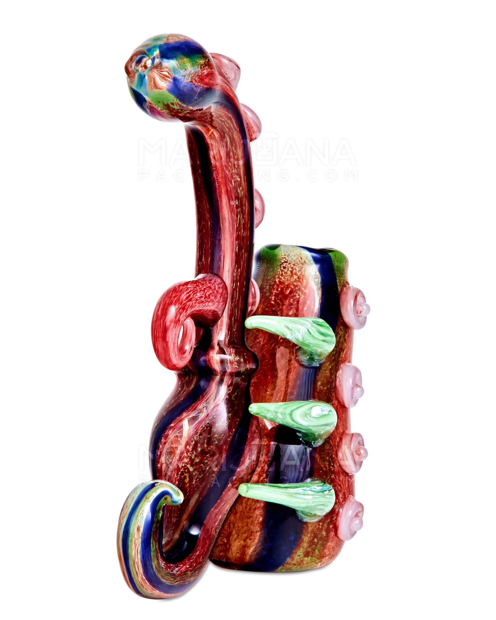 Heady | Striped & Color Pull Kraken Bubbler w/ Triple Horns | 7in Tall - Very Thick Glass - Red - 7