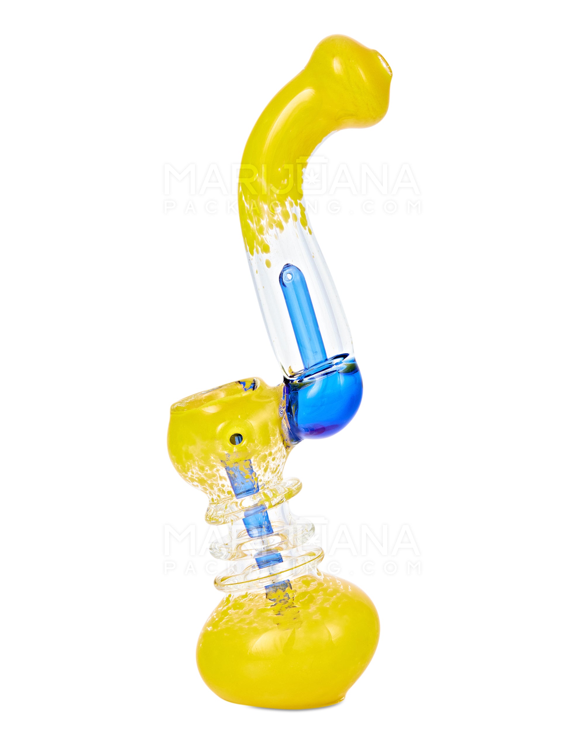 Frit Glass Ringed Bubbler w/ Diffused Perc | 7in Tall - Glass - Yellow & Blue - 4