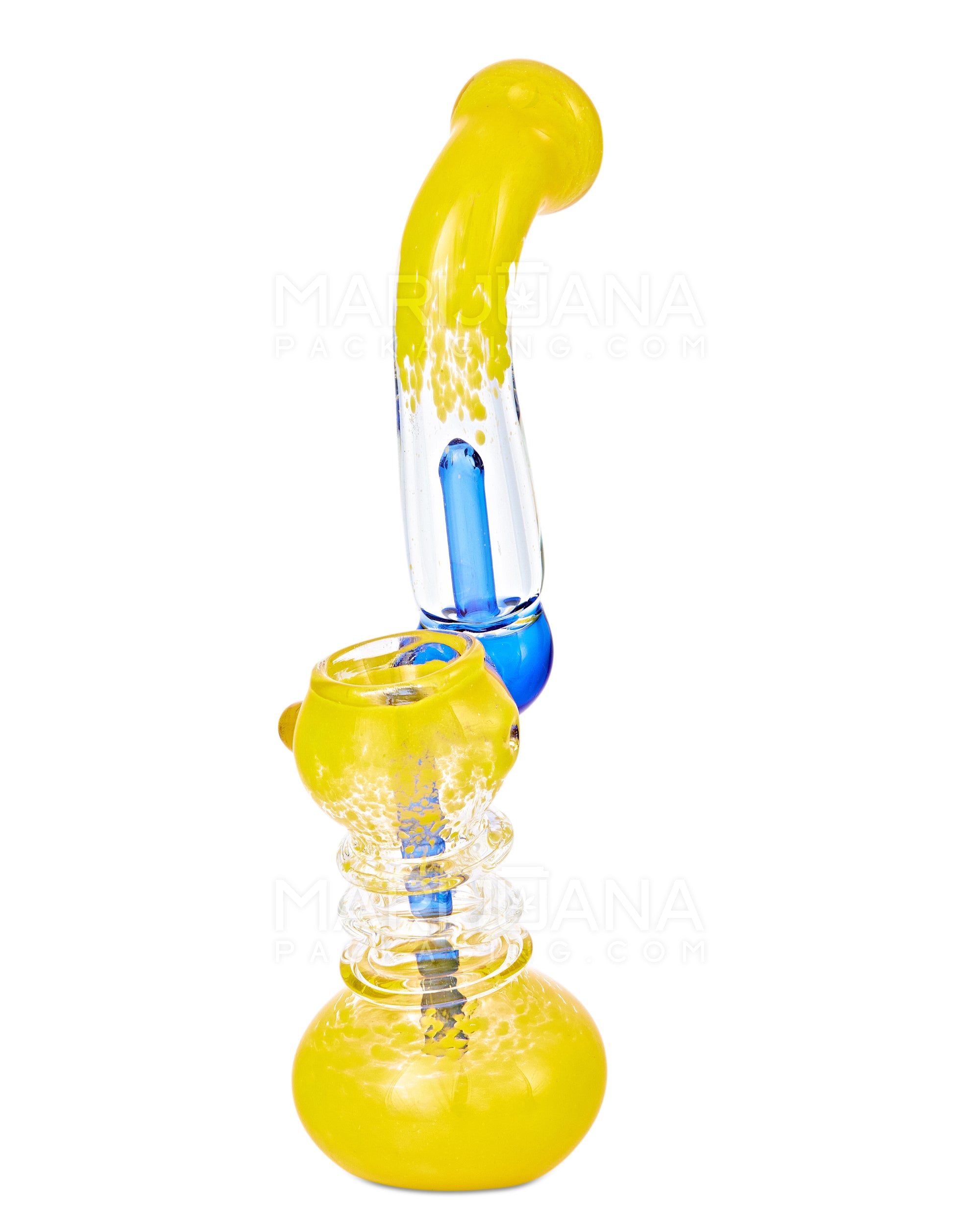 Frit Glass Ringed Bubbler w/ Diffused Perc | 7in Tall - Glass - Yellow & Blue - 2