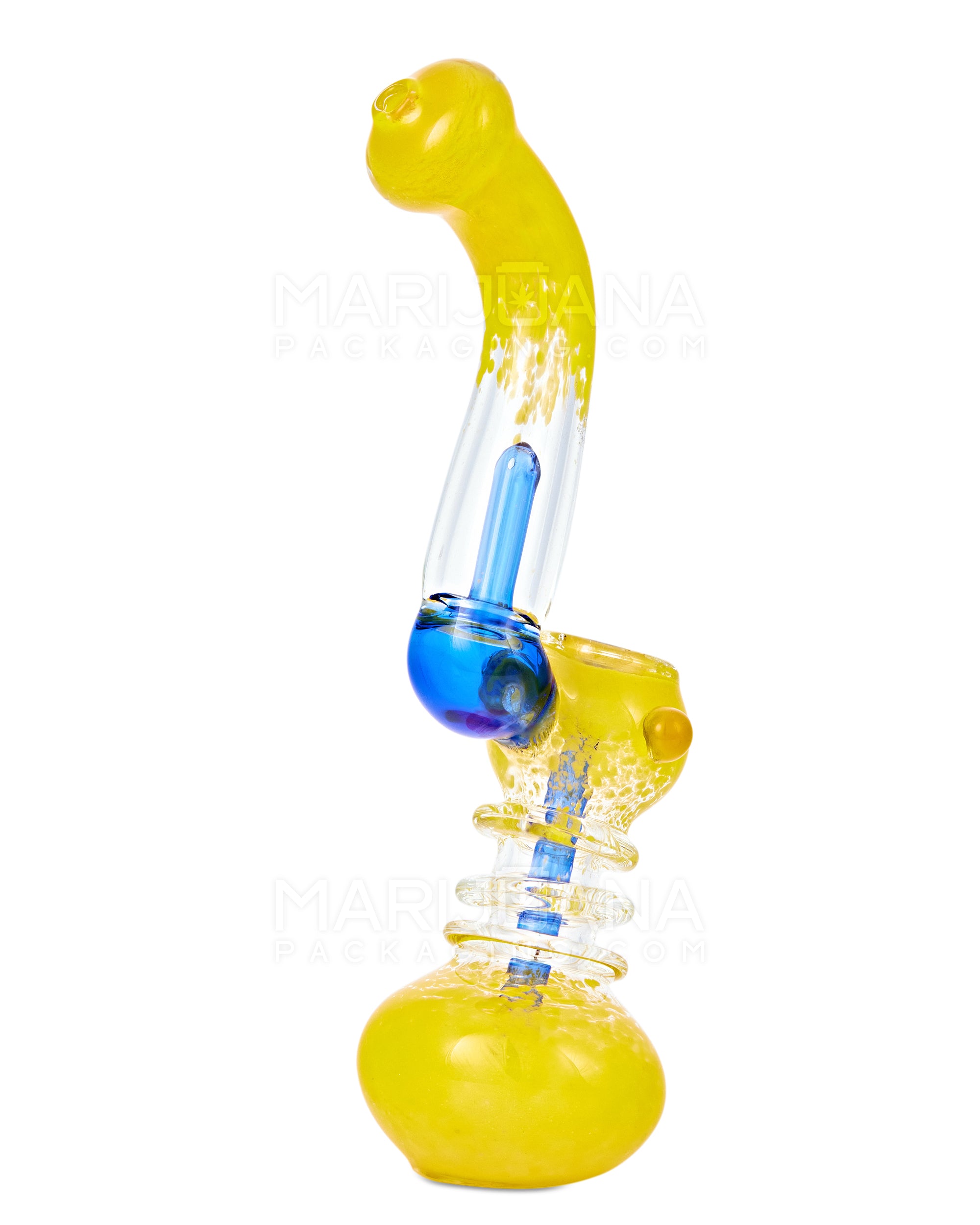 Frit Glass Ringed Bubbler w/ Diffused Perc | 7in Tall - Glass - Yellow & Blue - 3