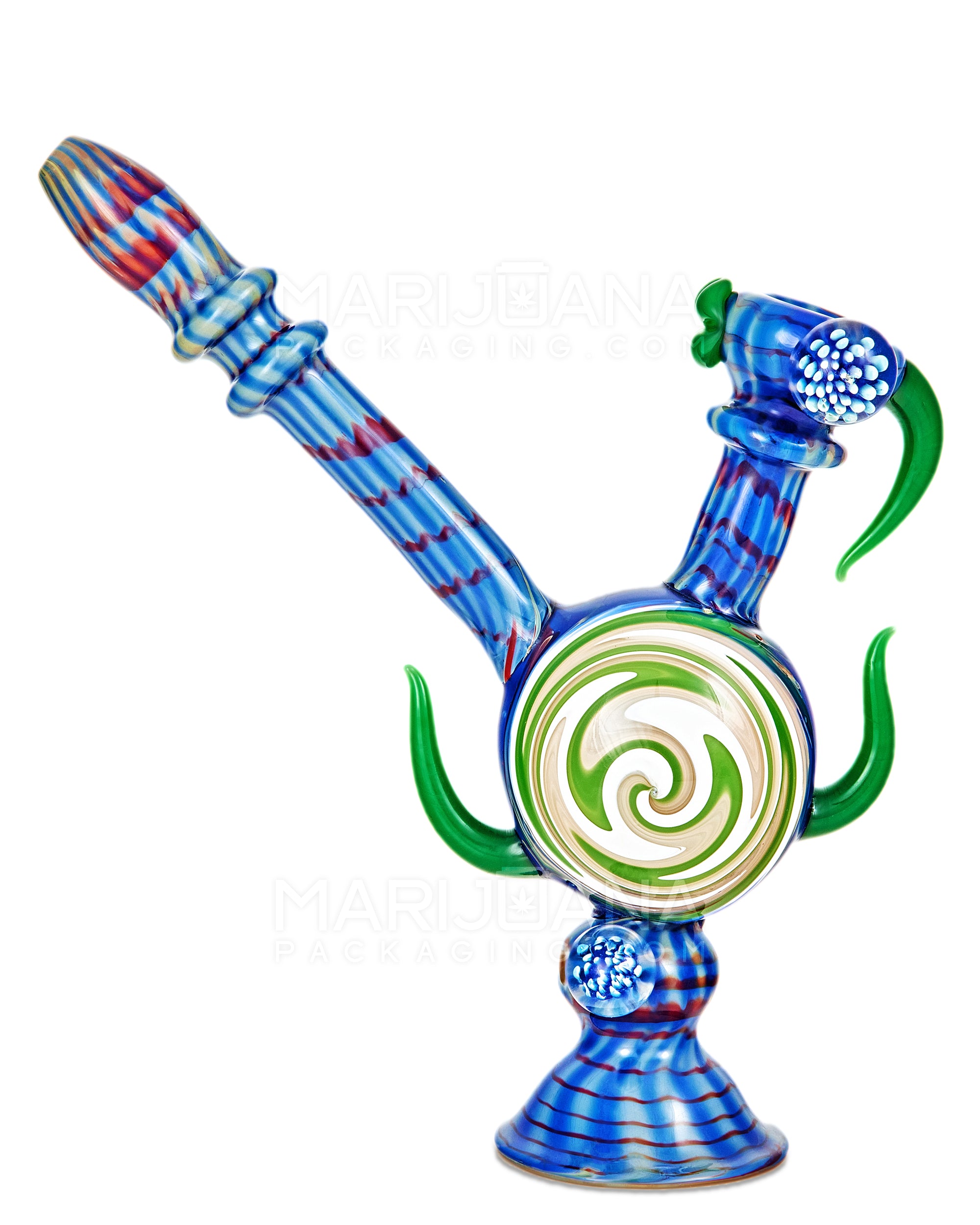 Heady | Color Pull Wig Wag Horned Vase Bubbler w/ Double Flower Marble | 9.5in Tall - Thick Glass - Blue - 1