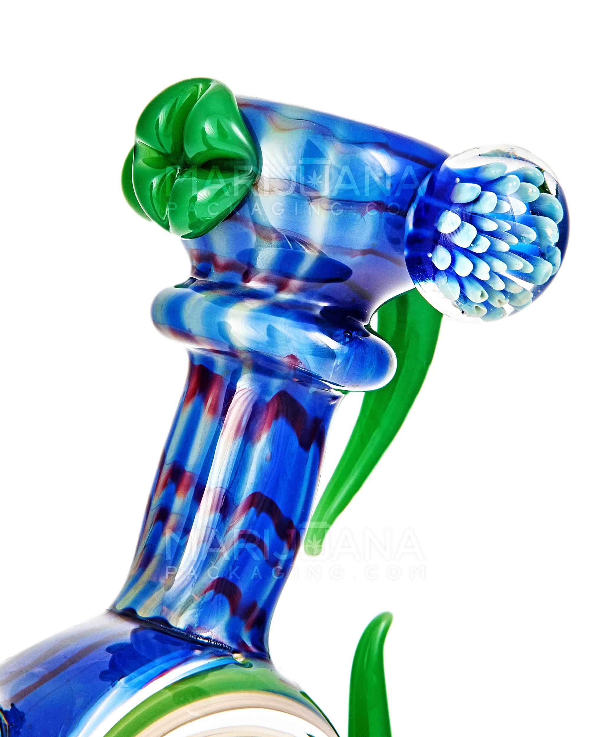 Heady | Color Pull Wig Wag Horned Vase Bubbler w/ Double Flower Marble | 9.5in Tall - Thick Glass - Blue - 5