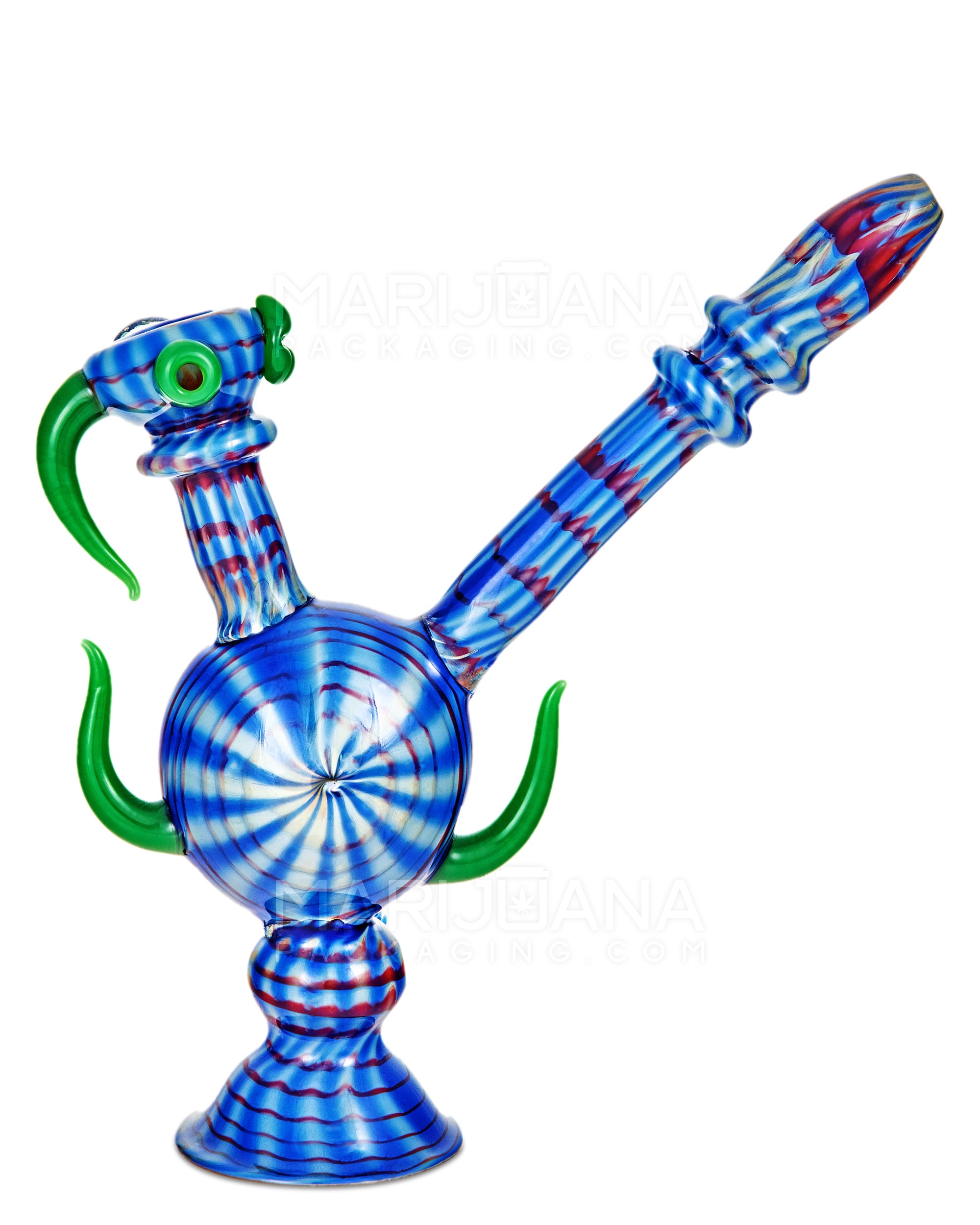 Heady | Color Pull Wig Wag Horned Vase Bubbler w/ Double Flower Marble | 9.5in Tall - Thick Glass - Blue - 4