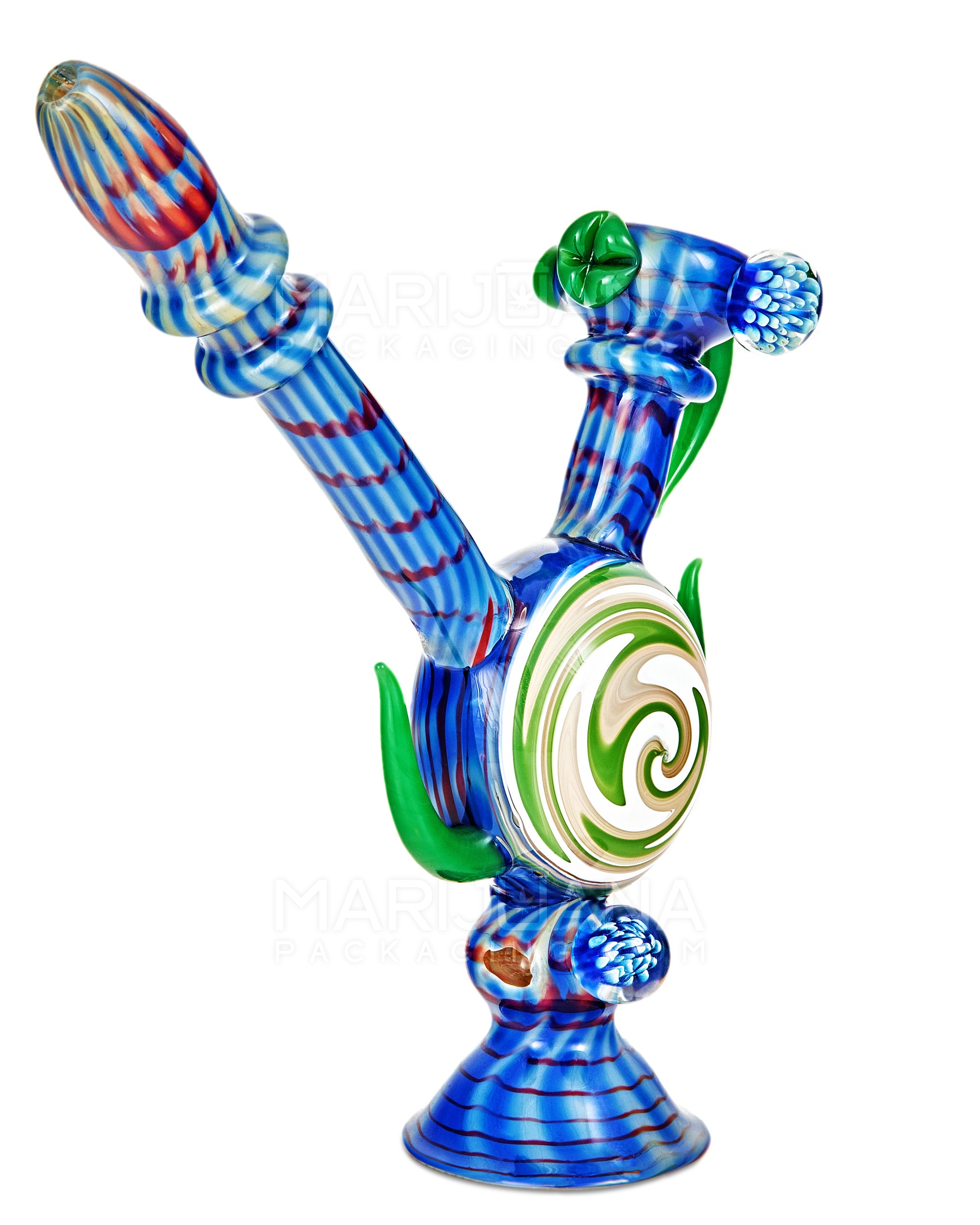 Heady | Color Pull Wig Wag Horned Vase Bubbler w/ Double Flower Marble | 9.5in Tall - Thick Glass - Blue - 9