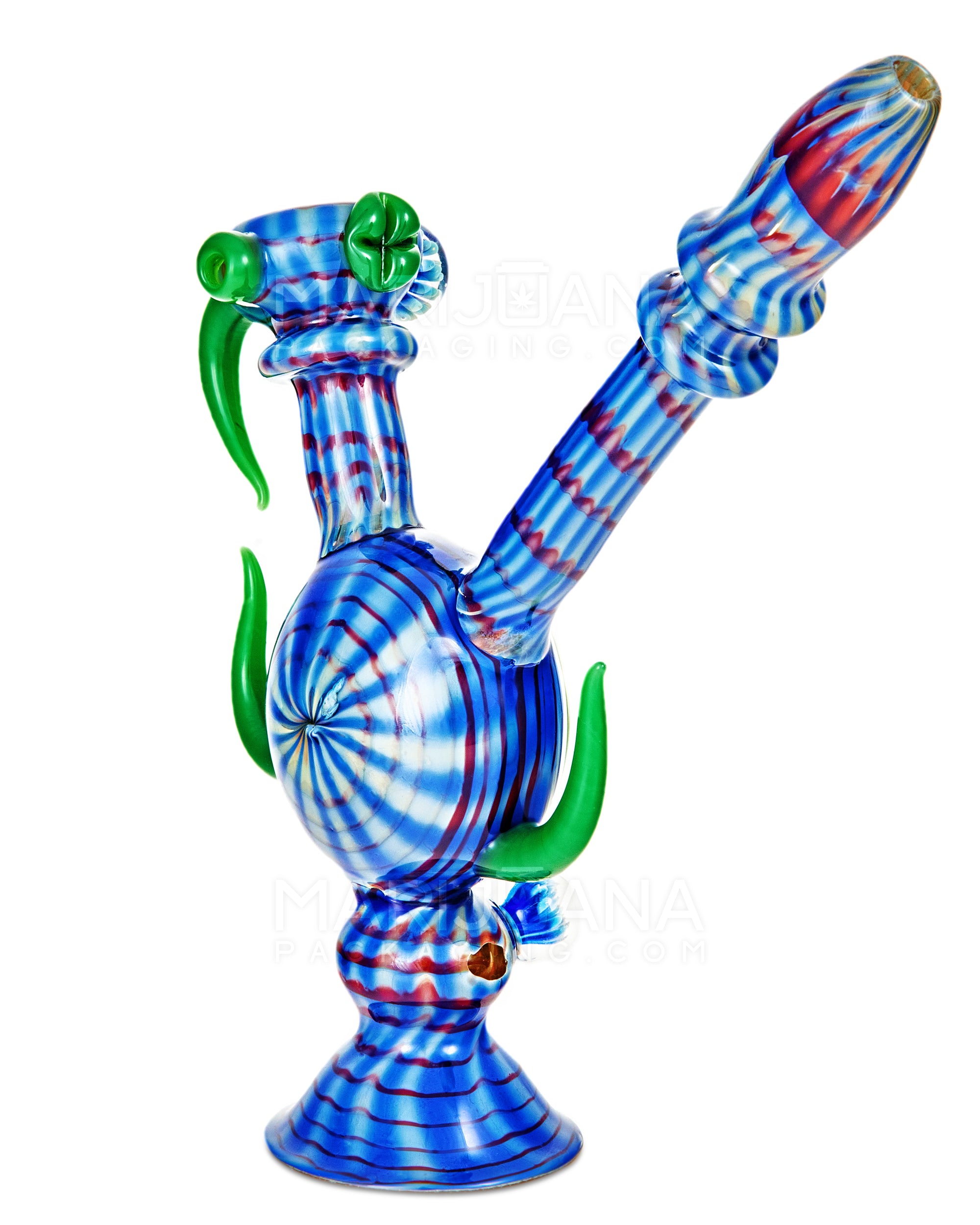 Heady | Color Pull Wig Wag Horned Vase Bubbler w/ Double Flower Marble | 9.5in Tall - Thick Glass - Blue - 11