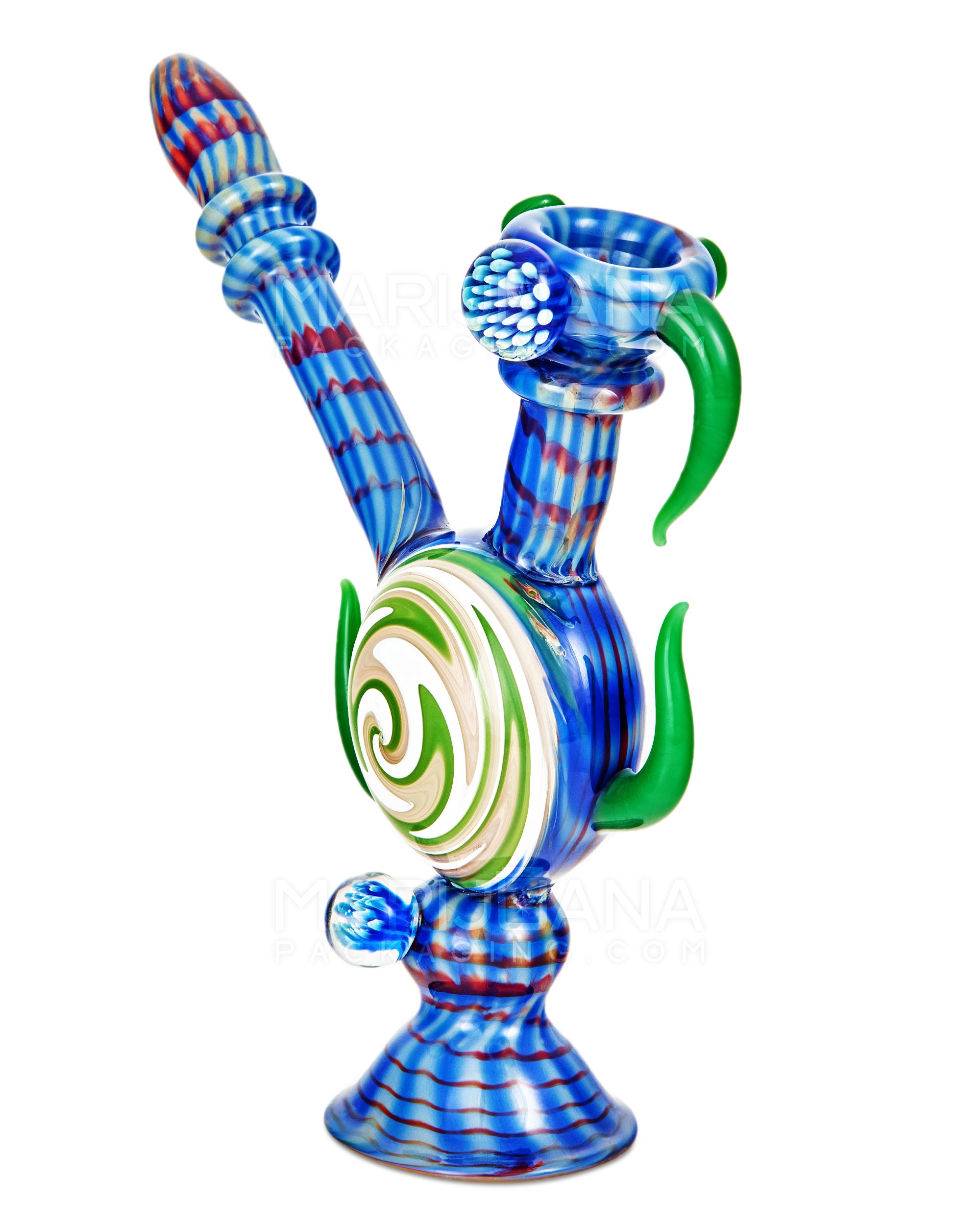 Heady | Color Pull Wig Wag Horned Vase Bubbler w/ Double Flower Marble | 9.5in Tall - Thick Glass - Blue - 2