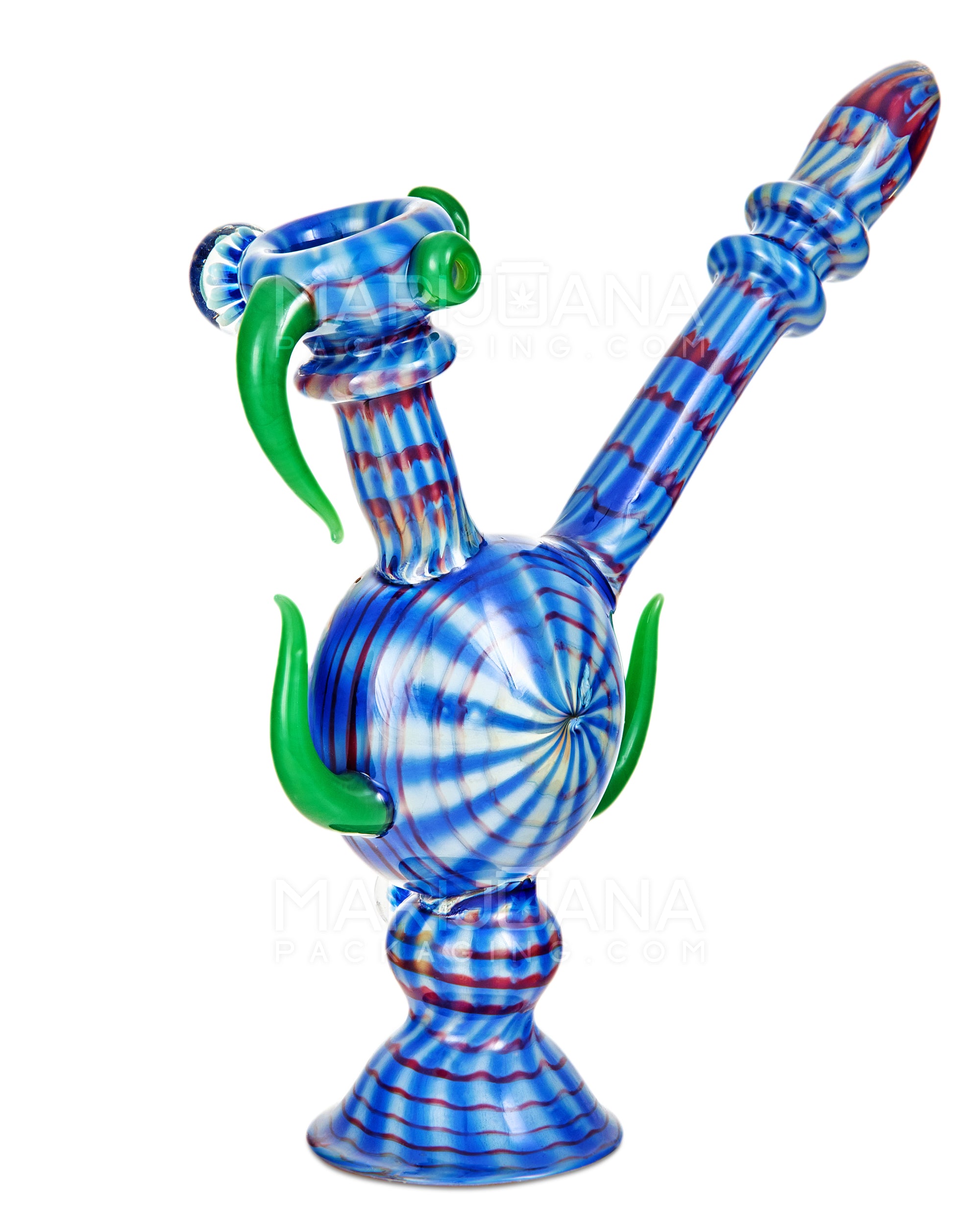 Heady | Color Pull Wig Wag Horned Vase Bubbler w/ Double Flower Marble | 9.5in Tall - Thick Glass - Blue - 10