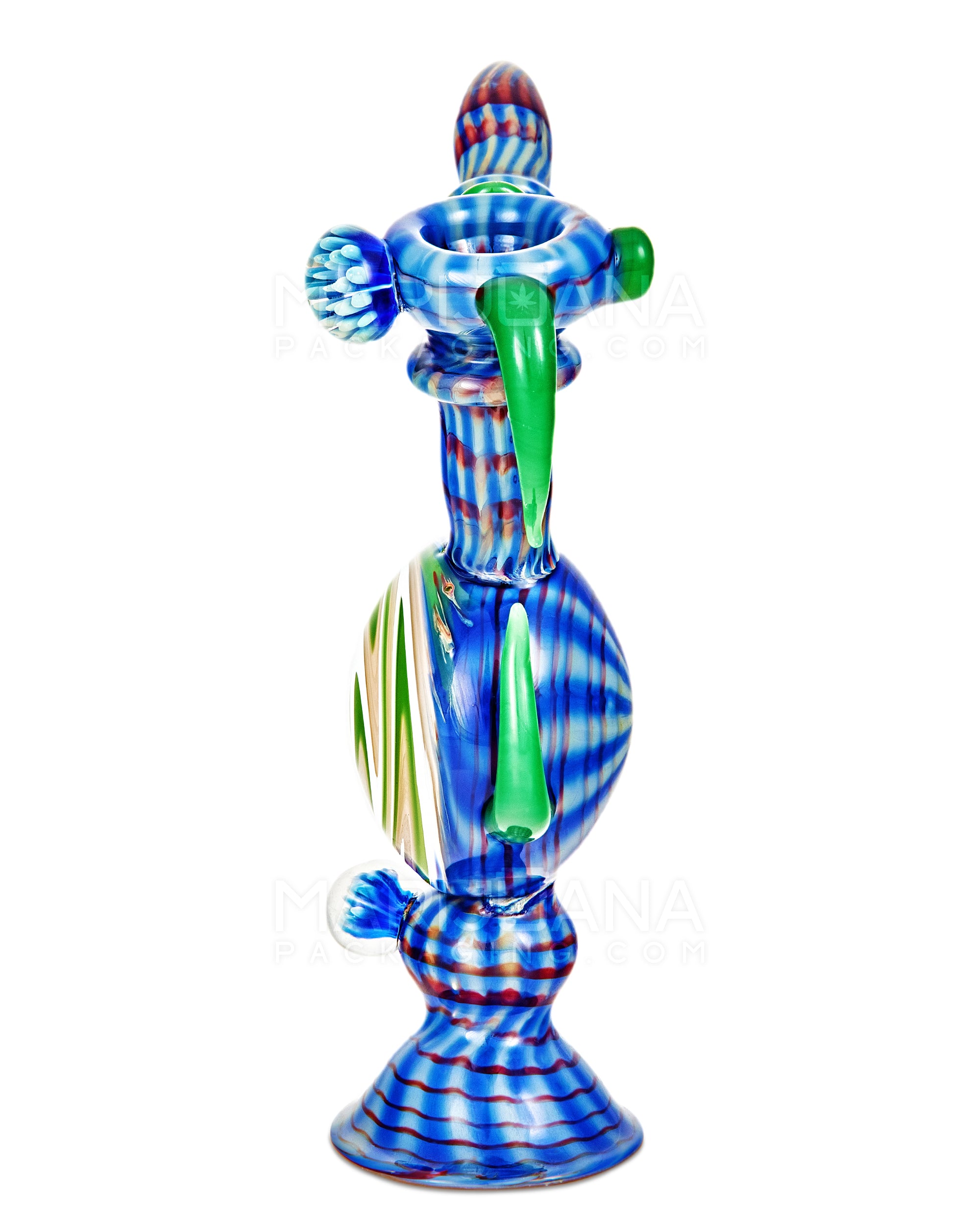 Heady | Color Pull Wig Wag Horned Vase Bubbler w/ Double Flower Marble | 9.5in Tall - Thick Glass - Blue - 3