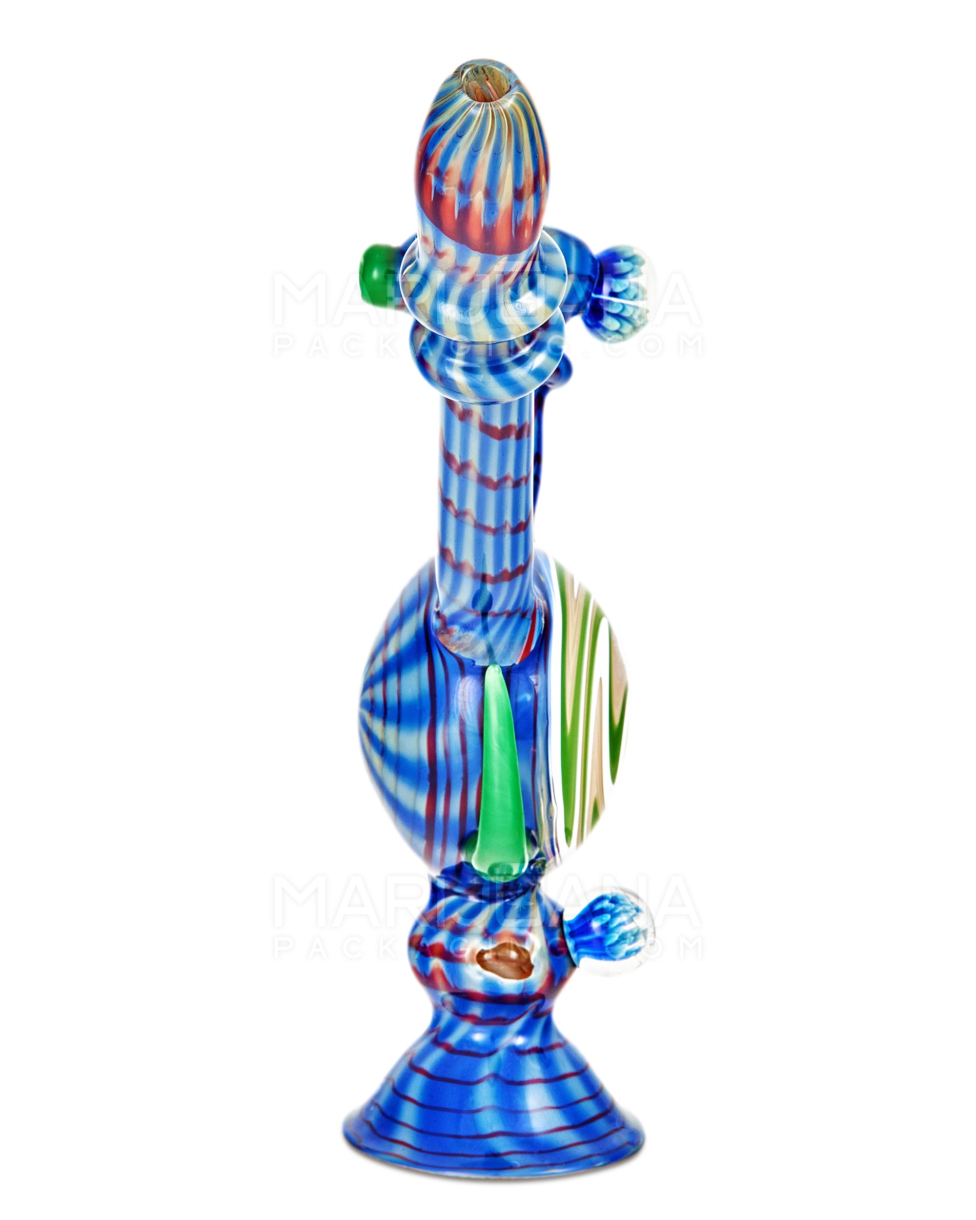 Heady | Color Pull Wig Wag Horned Vase Bubbler w/ Double Flower Marble | 9.5in Tall - Thick Glass - Blue - 12