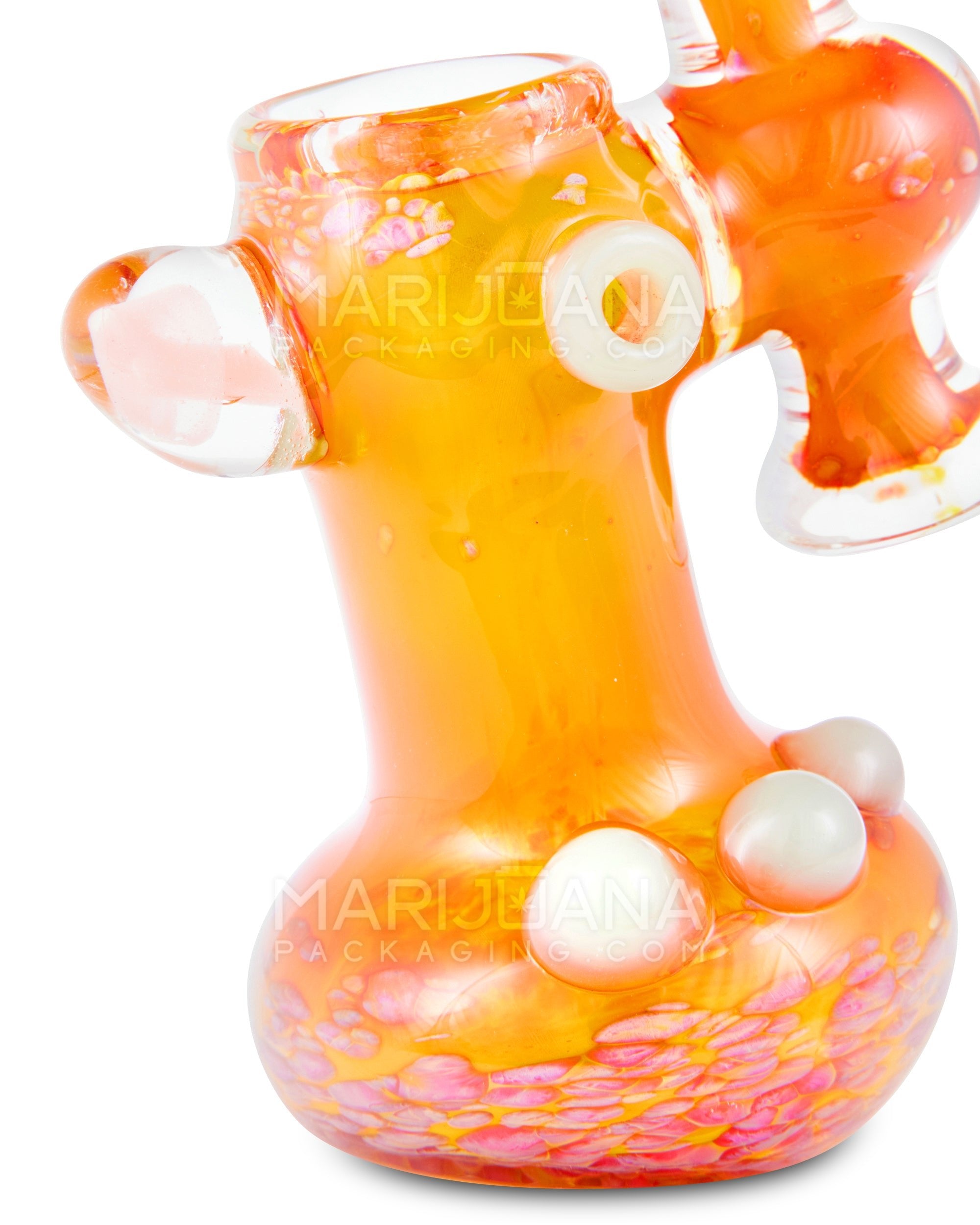 Frit & Fumed Bubbler w/ Mushroom Marble & Triple Knockers | 7in Tall - Glass - Orange - 4