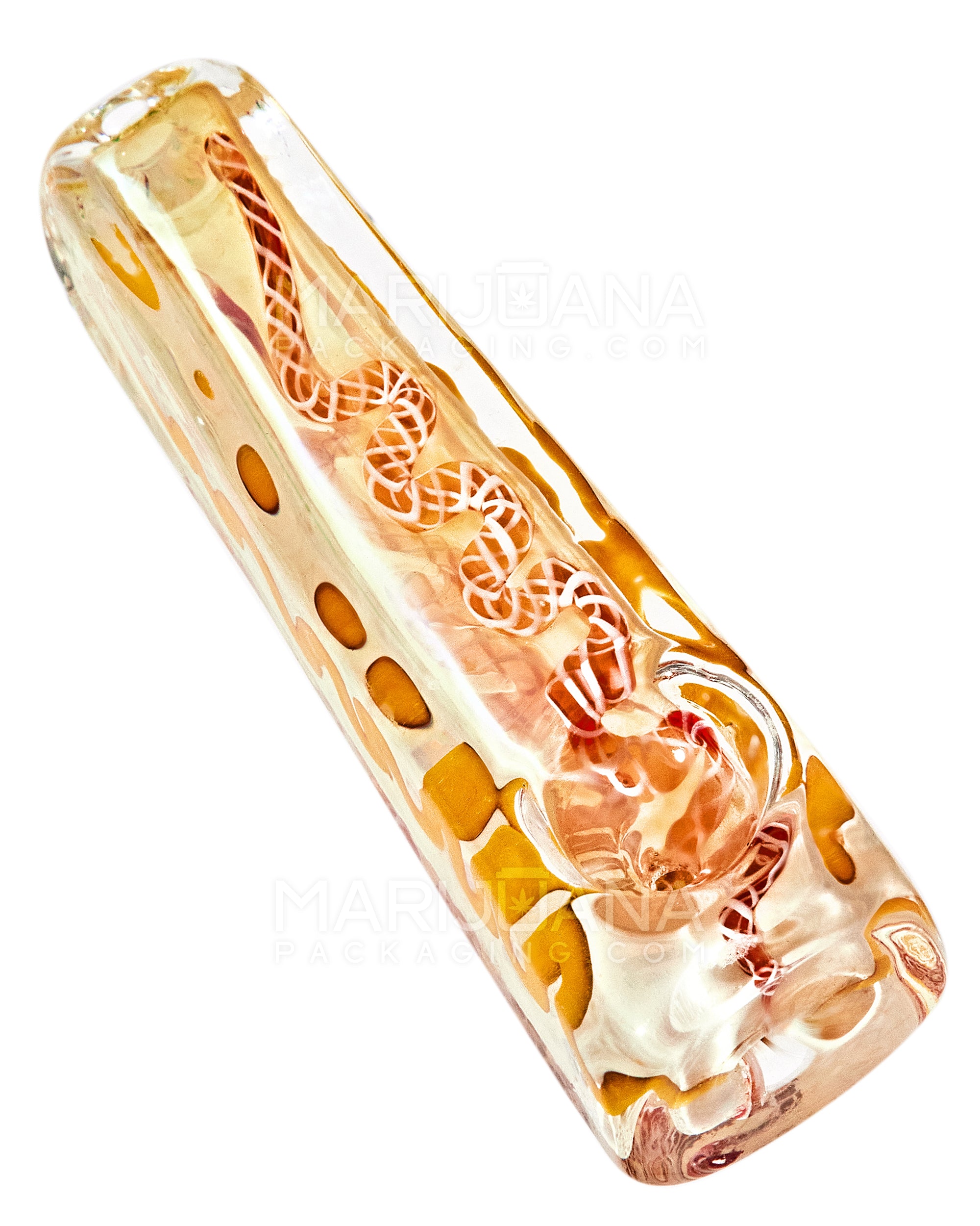 Ribboned & Gold Fumed Rectangle Steamroller Hand Pipe w/ Swirls | 3in Long - Glass - Assorted - 1