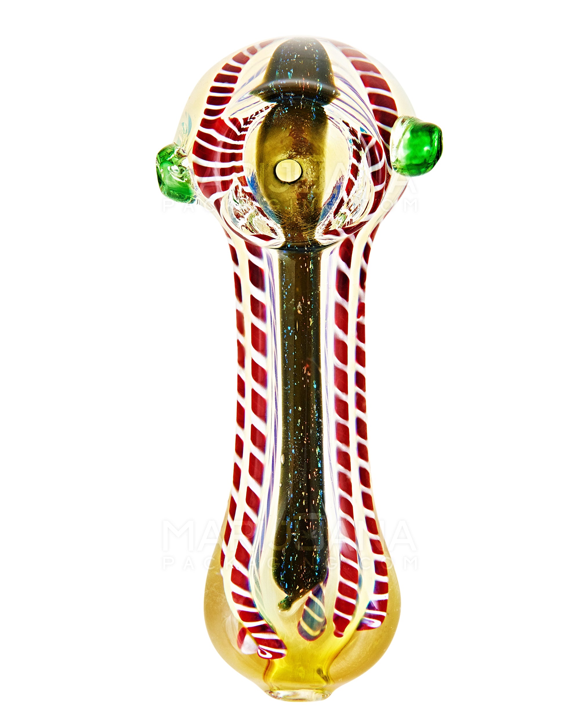 Dichro & Gold Fumed Spoon Hand Pipe w/ Ribboning & Double Knockers | 4in Long - Glass - Assorted - 2