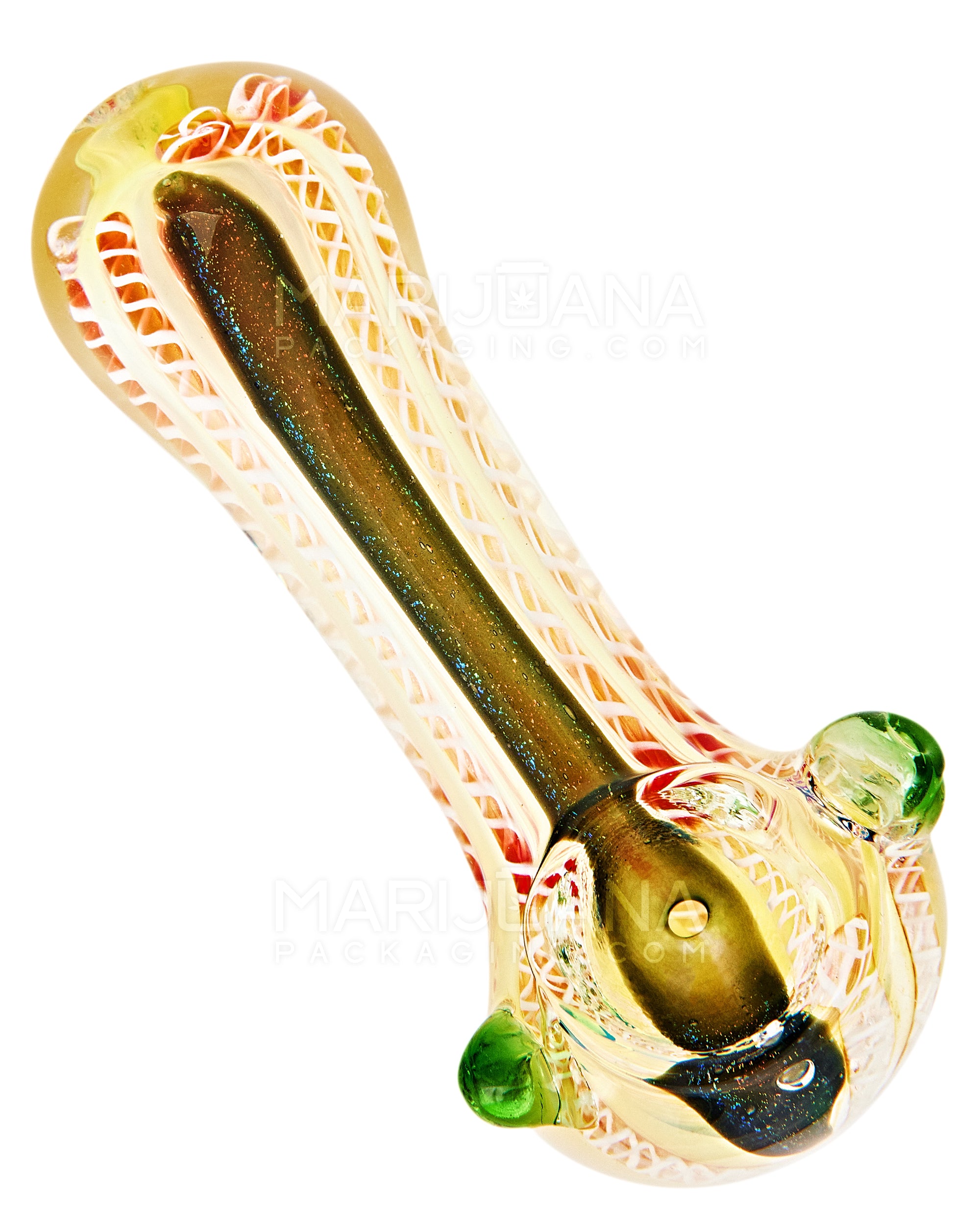 Dichro & Gold Fumed Spoon Hand Pipe w/ Ribboning & Double Knockers | 4in Long - Glass - Assorted - 6