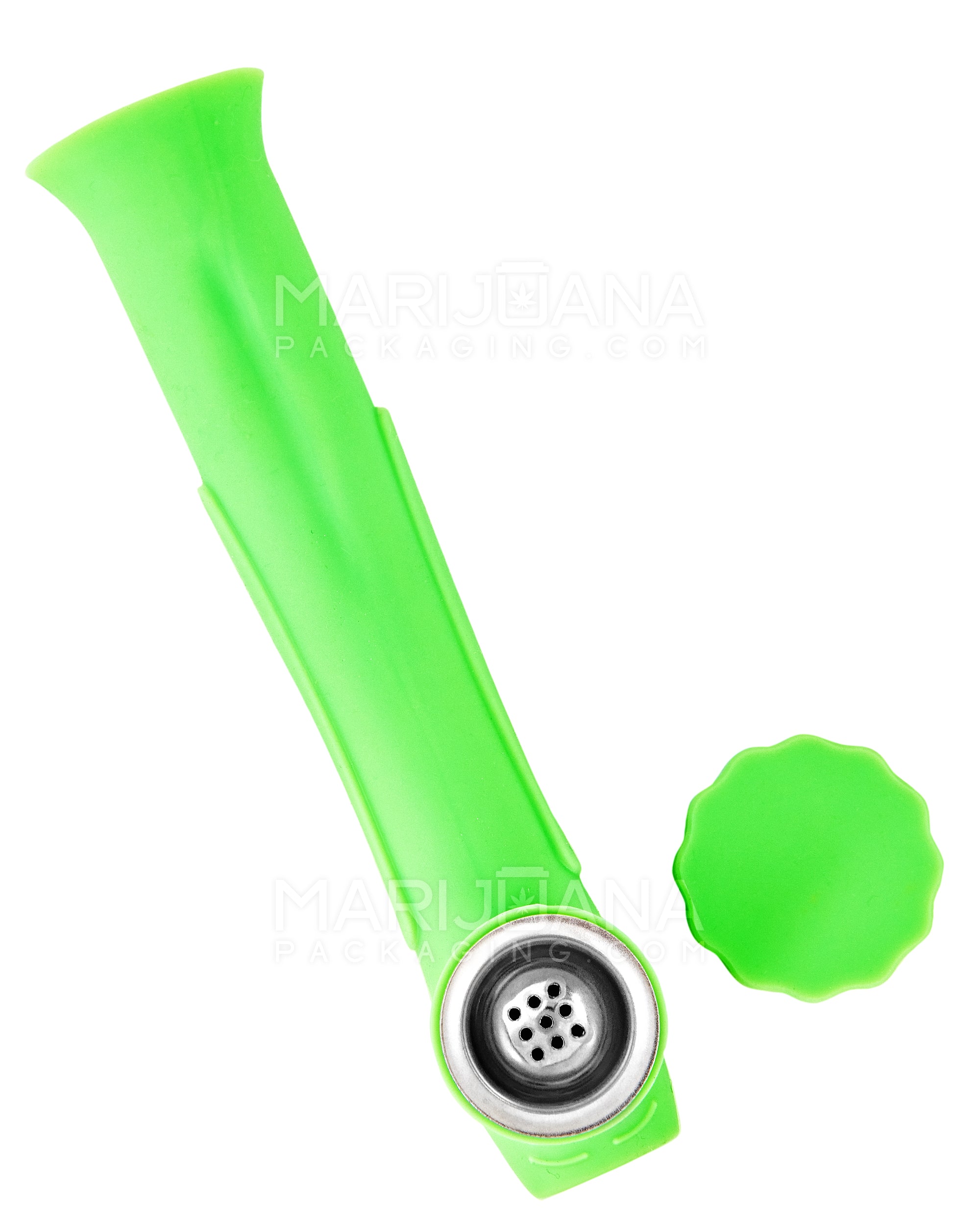 Unbreakable | Silicone Hand Pipe | 6in Long - Metal Bowl - Green - 1