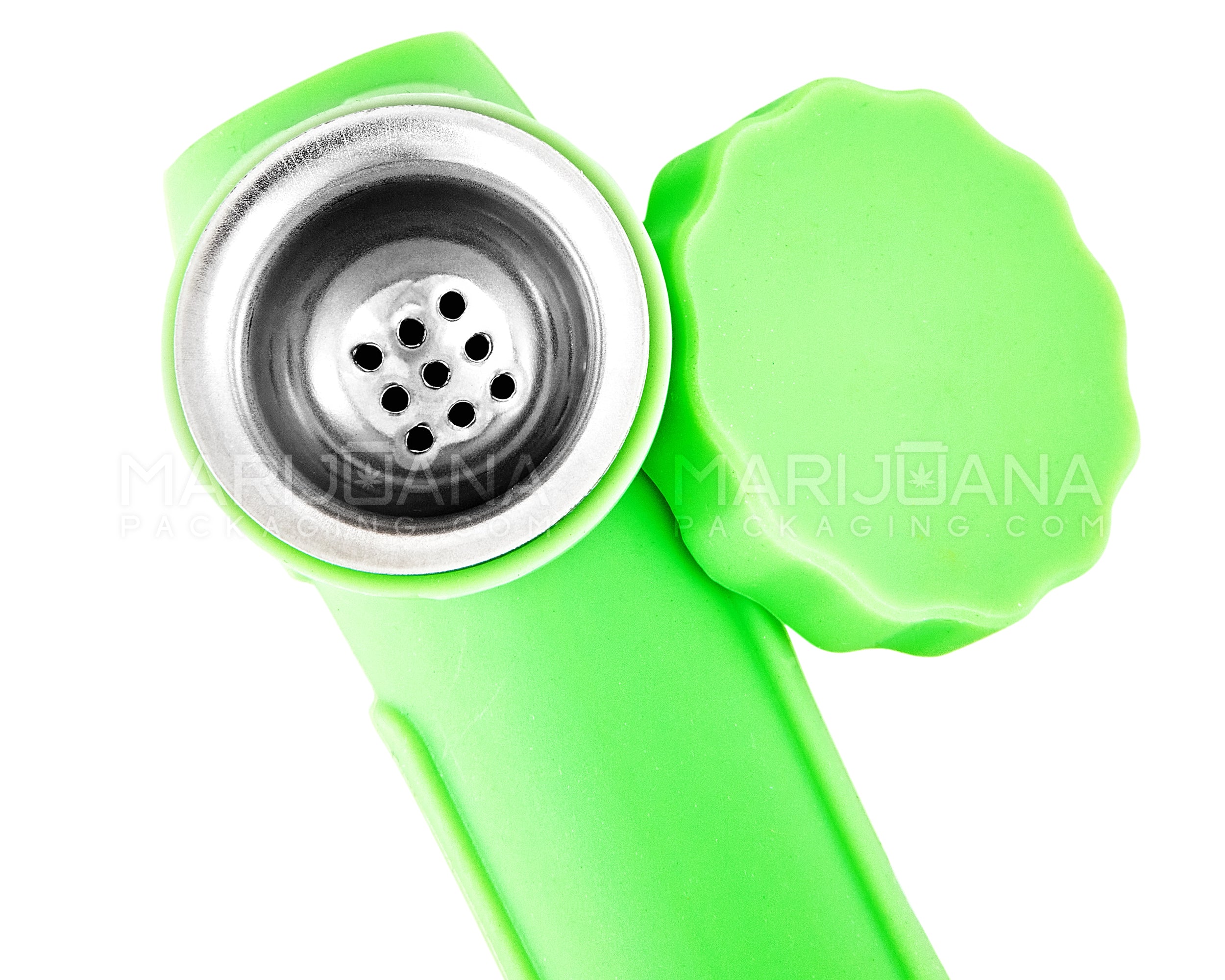 Unbreakable | Silicone Hand Pipe | 6in Long - Metal Bowl - Green - 6