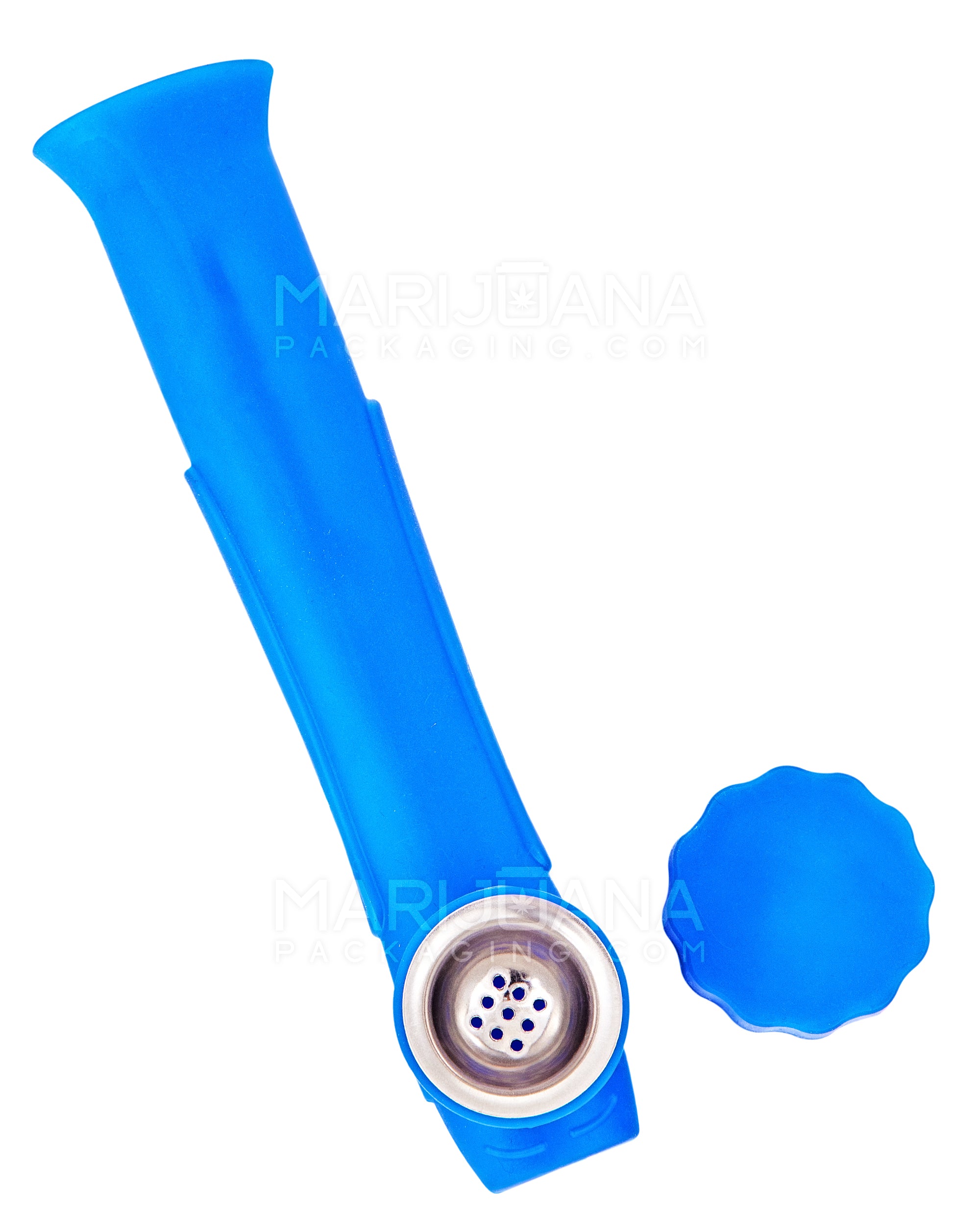 Unbreakable | Silicone Hand Pipe | 6in Long - Metal Bowl - Blue - 1