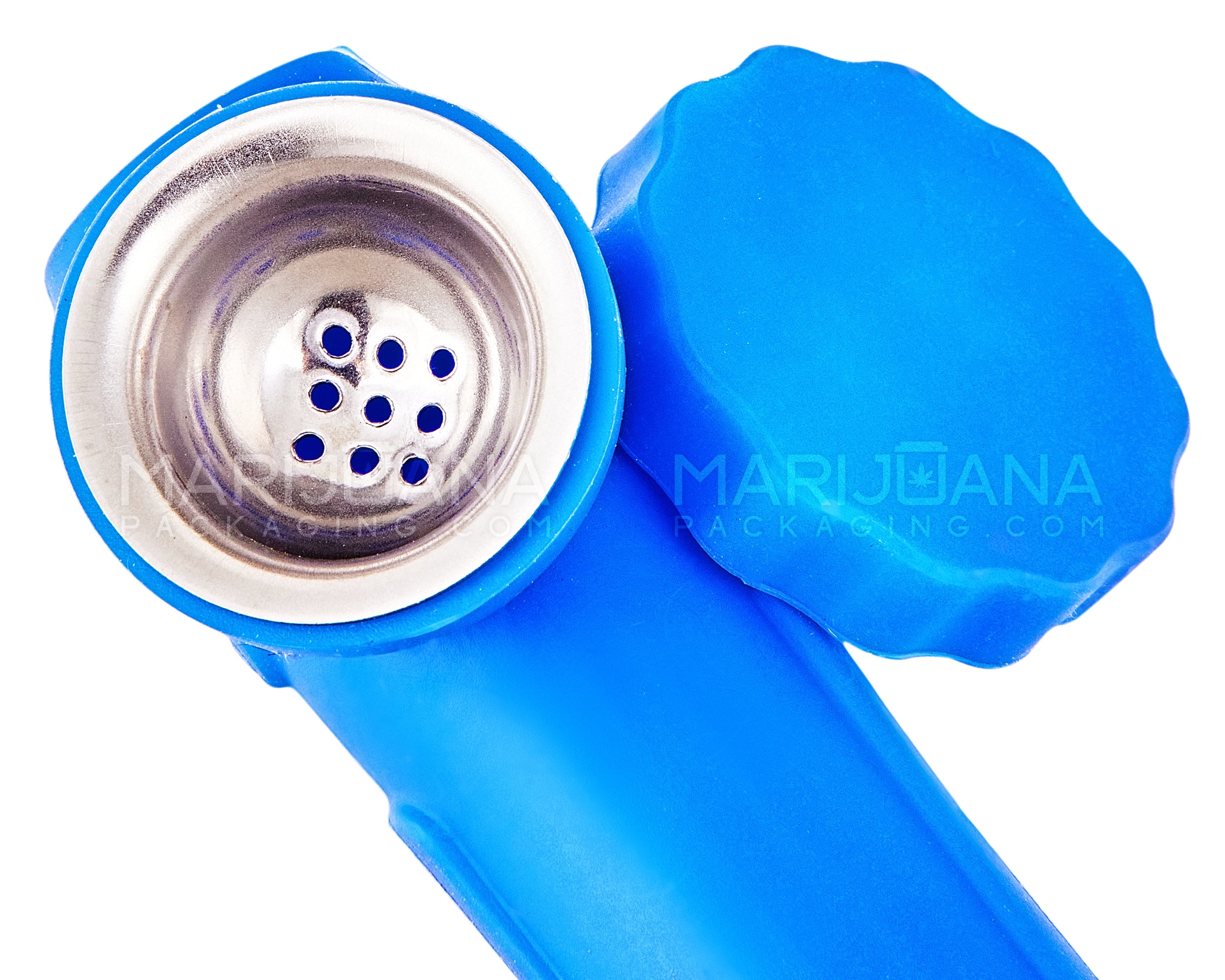 Unbreakable | Silicone Hand Pipe | 6in Long - Metal Bowl - Blue - 6