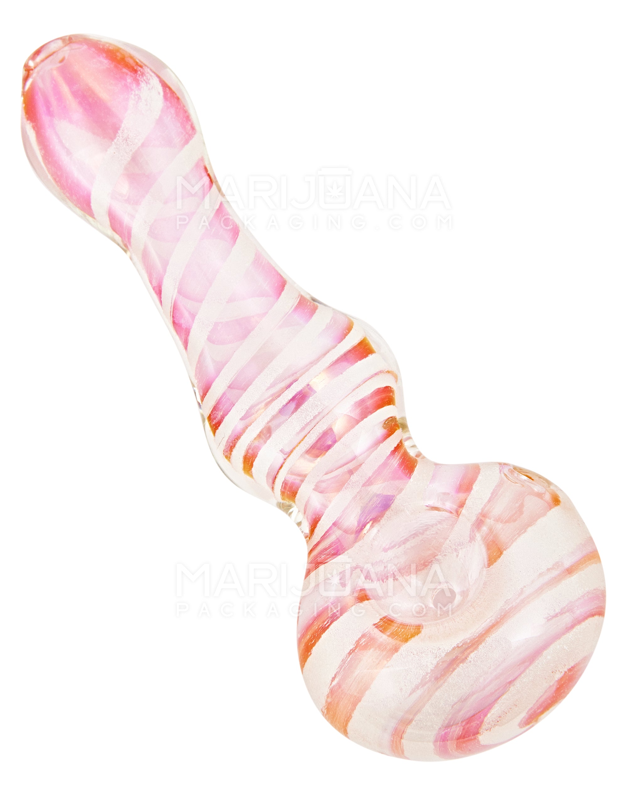 Glow-in-the-Dark | Spiral Pink Fumed Spiral Bulged Spoon Hand Pipe | 4.5in Long - Glass - Pink - 1