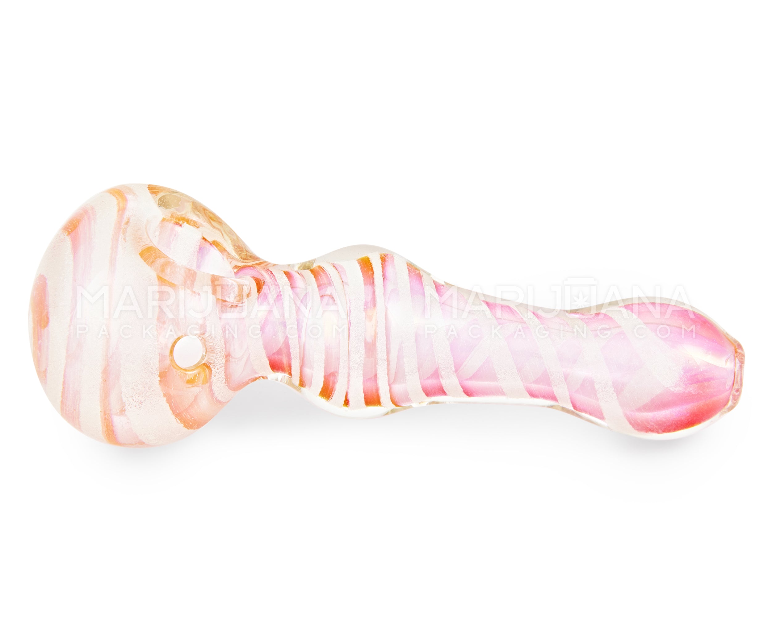 Glow-in-the-Dark | Spiral Pink Fumed Spiral Bulged Spoon Hand Pipe | 4.5in Long - Glass - Pink - 5
