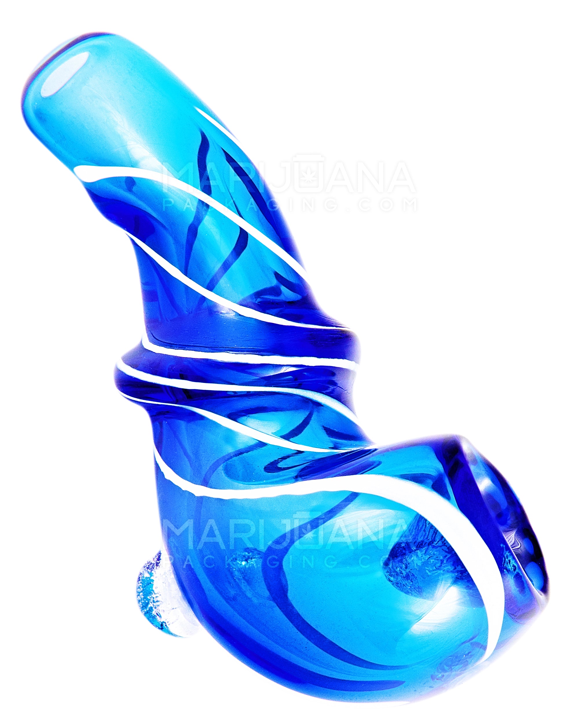 Swirl Ringed Sherlock Hand Pipe | 3in Long - Glass - Blue - 1