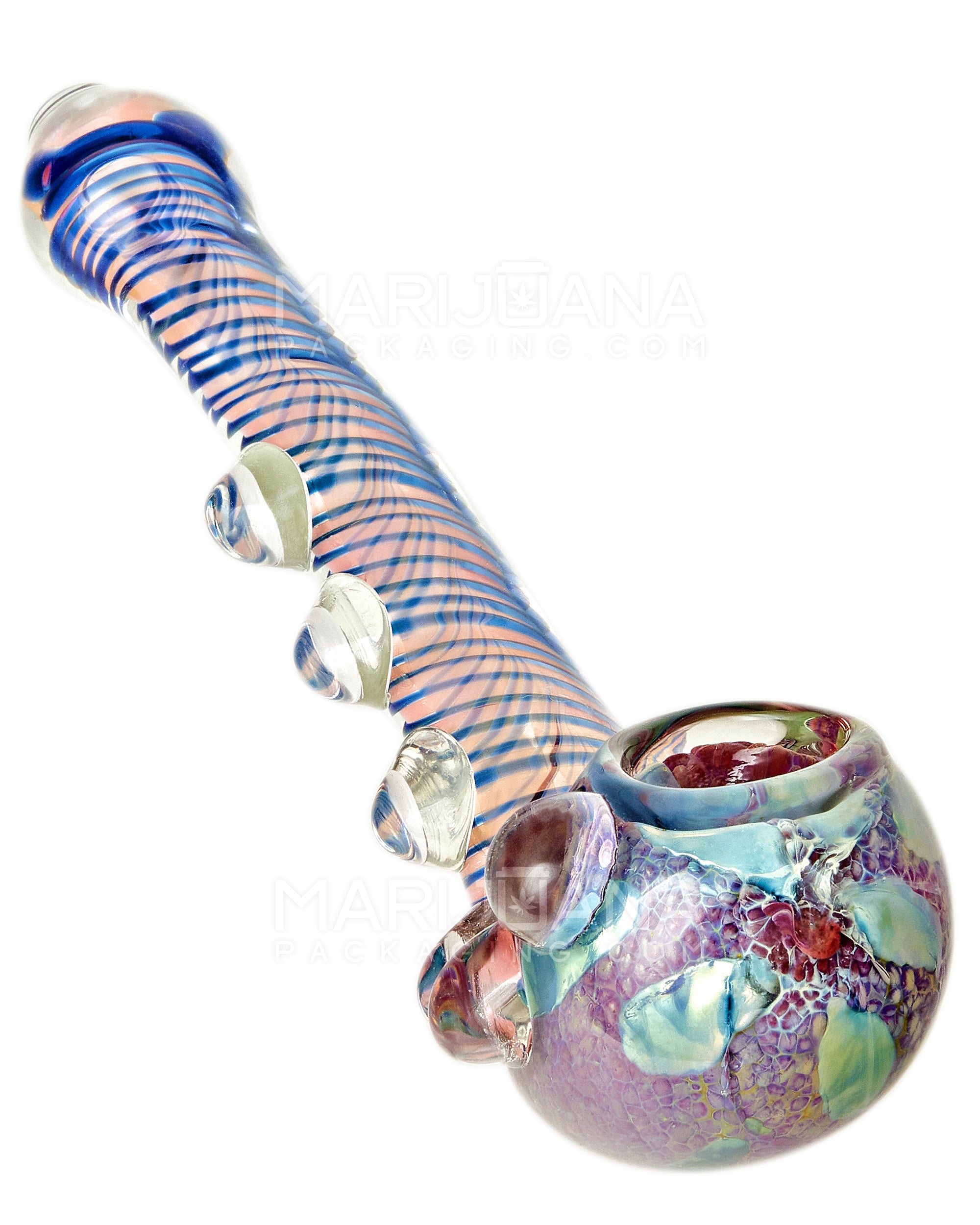 Frit & Pink Fumed Spiral Sherlock Hand Pipe w/ Bubble Trap & Multi Knockers | 6in Long - Glass - Assorted - 1