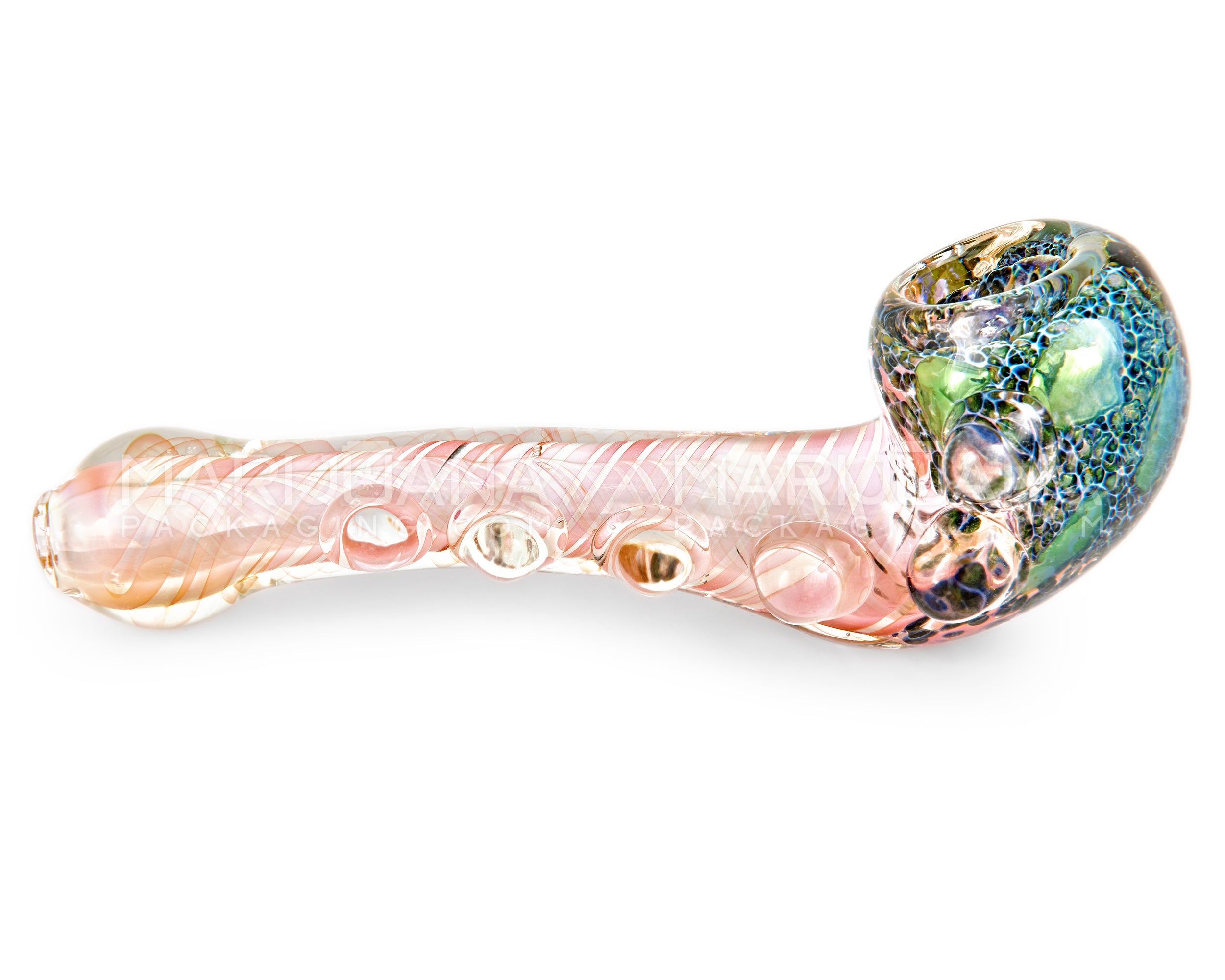 Frit & Pink Fumed Spiral Sherlock Hand Pipe w/ Bubble Trap & Multi Knockers | 6in Long - Glass - Assorted - 7