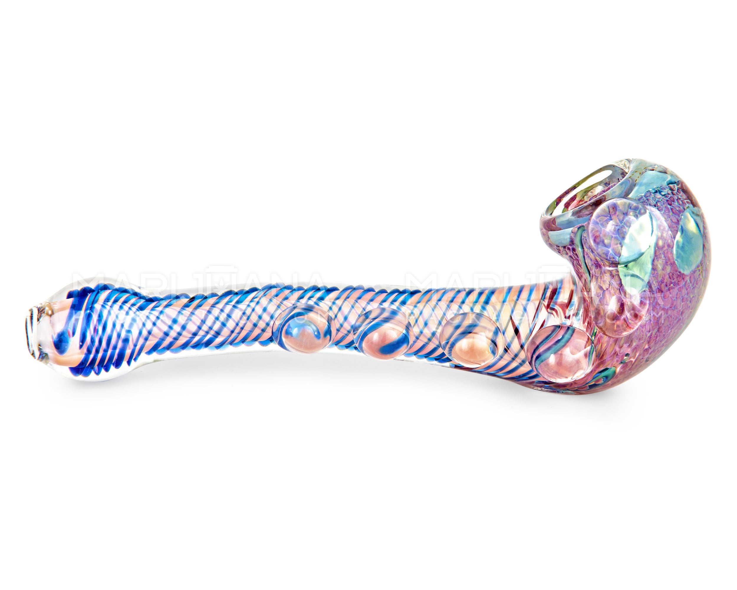 Frit & Pink Fumed Spiral Sherlock Hand Pipe w/ Bubble Trap & Multi Knockers | 6in Long - Glass - Assorted - 6