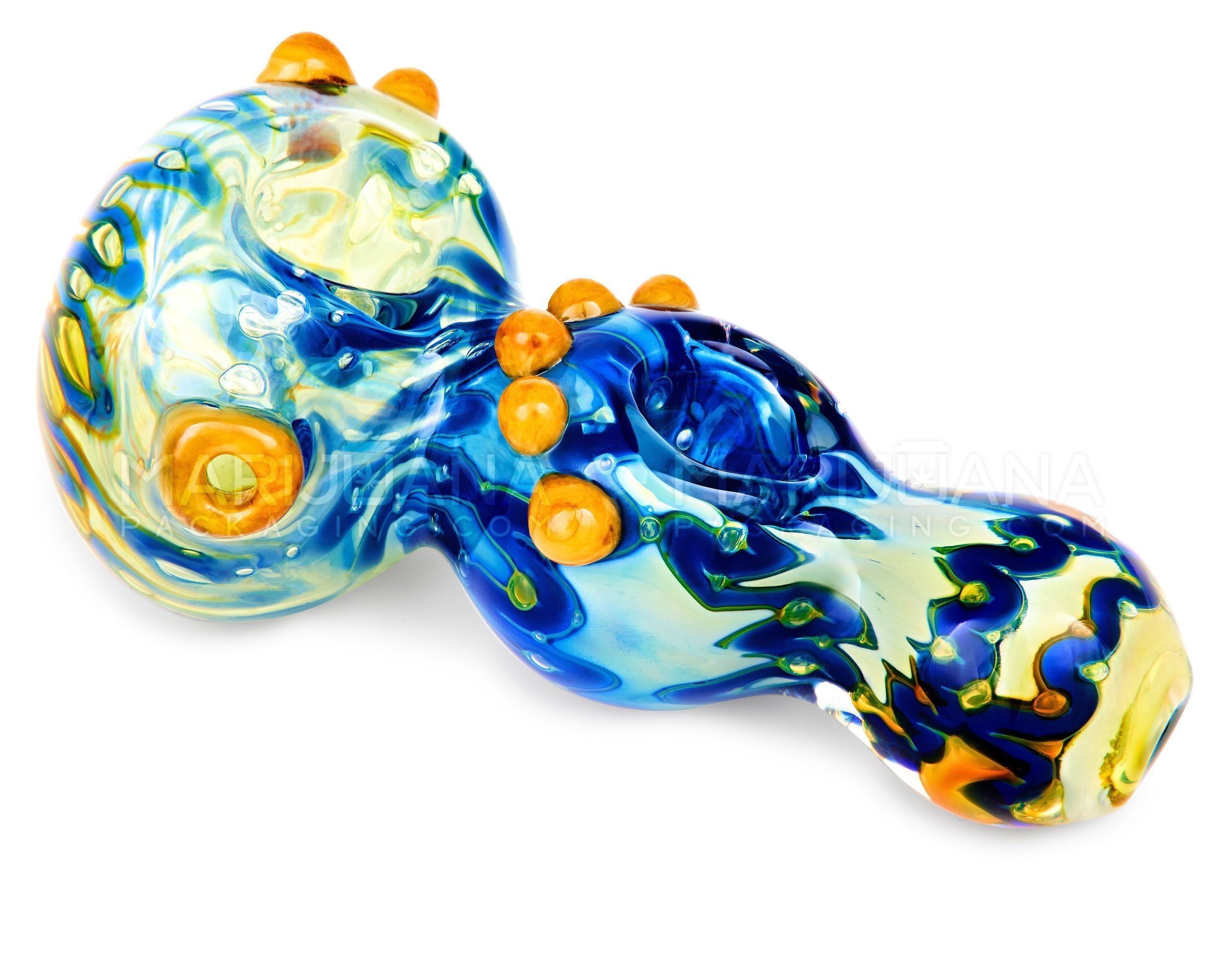 Double Bowl | Bubble Trap & Mixed Fumed Bulged Spoon Hand Pipe w/ Multi Knockers | 5in Long - Glass - Assorted - 5