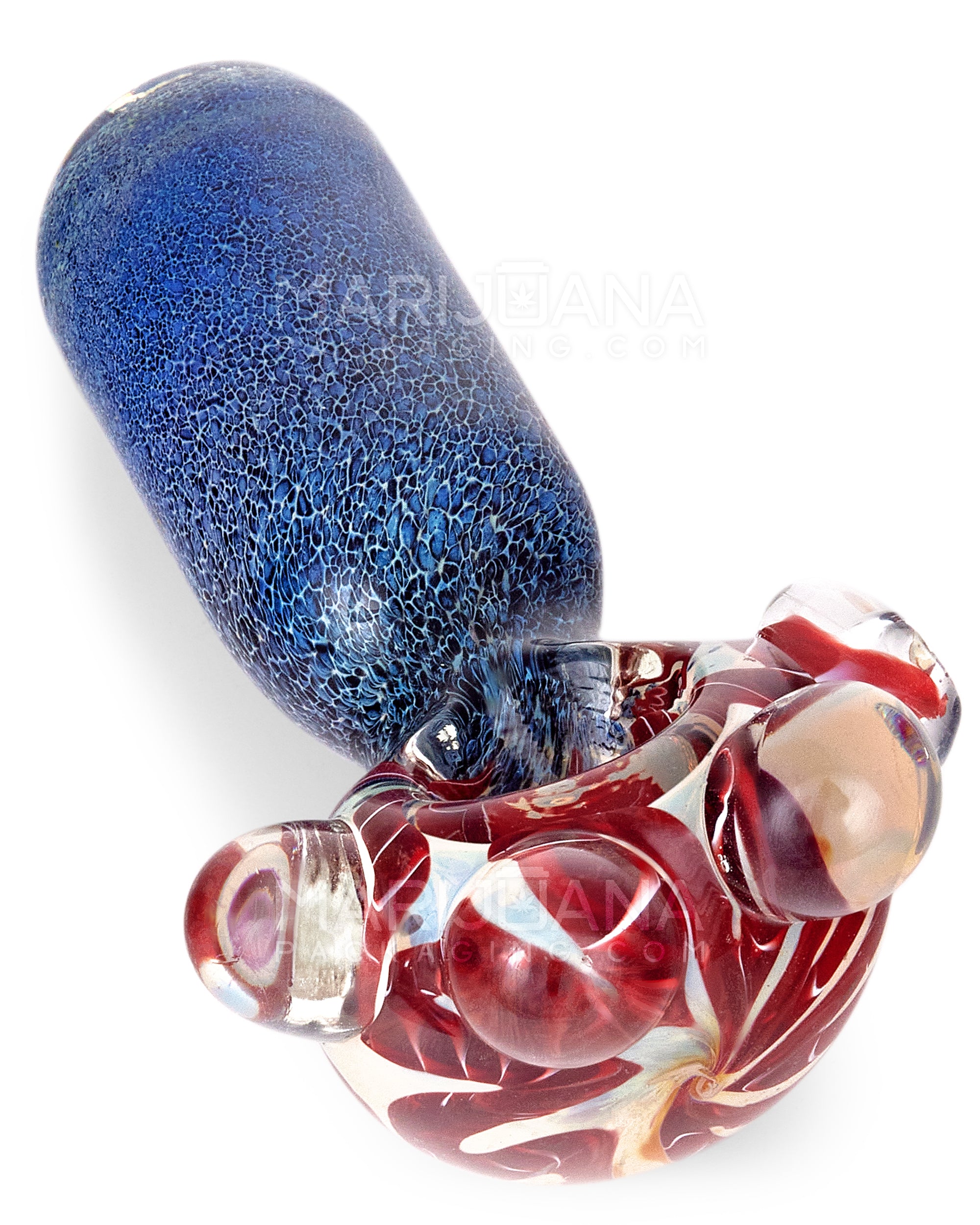 Double Blown | Ribboned & Frit Bottleneck Spoon Hand Pipe w/ Triple Knockers | 4.5in Long - Thick Glass - Assorted - 10
