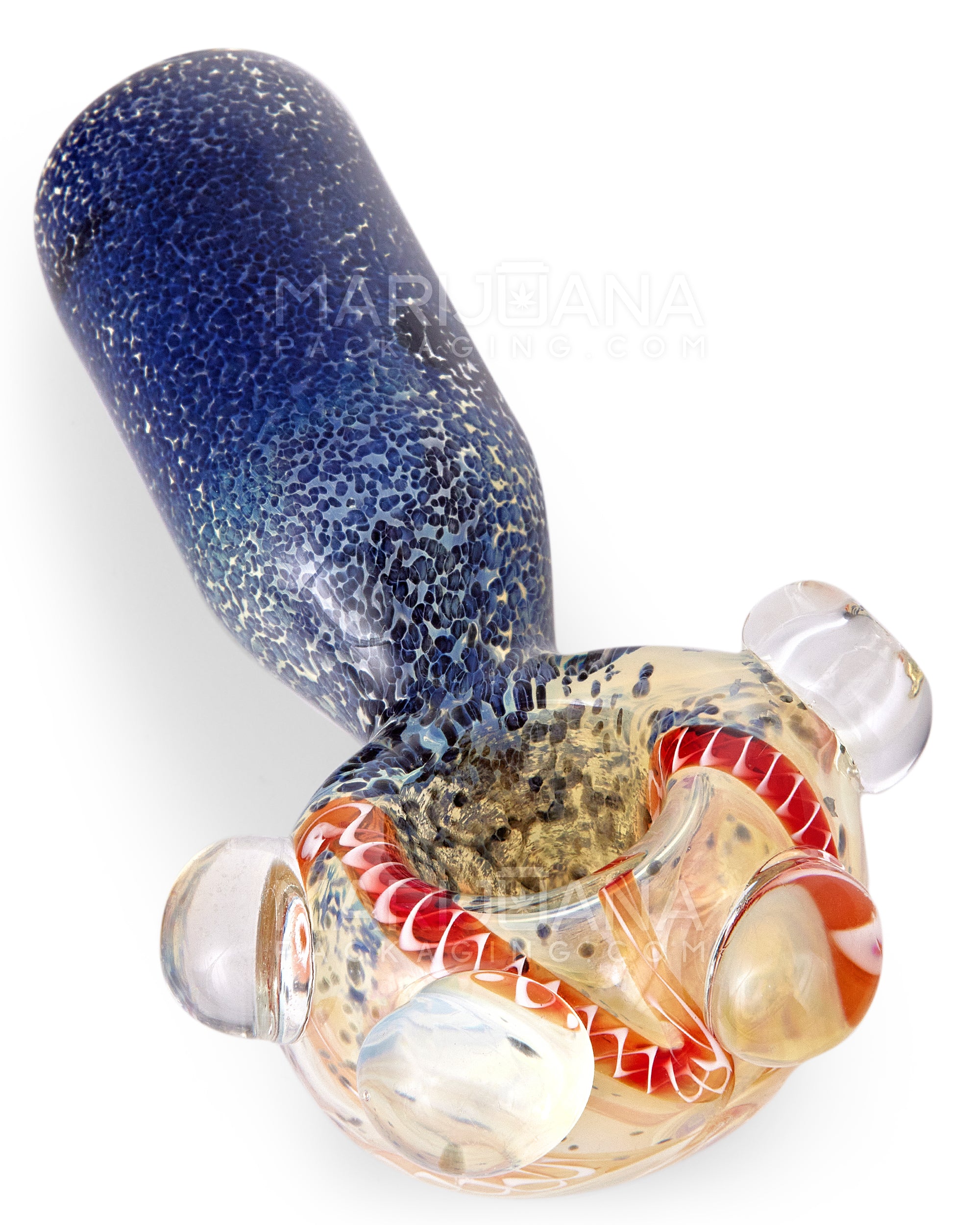 Double Blown | Ribboned & Frit Bottleneck Spoon Hand Pipe w/ Triple Knockers | 4.5in Long - Thick Glass - Assorted - 11