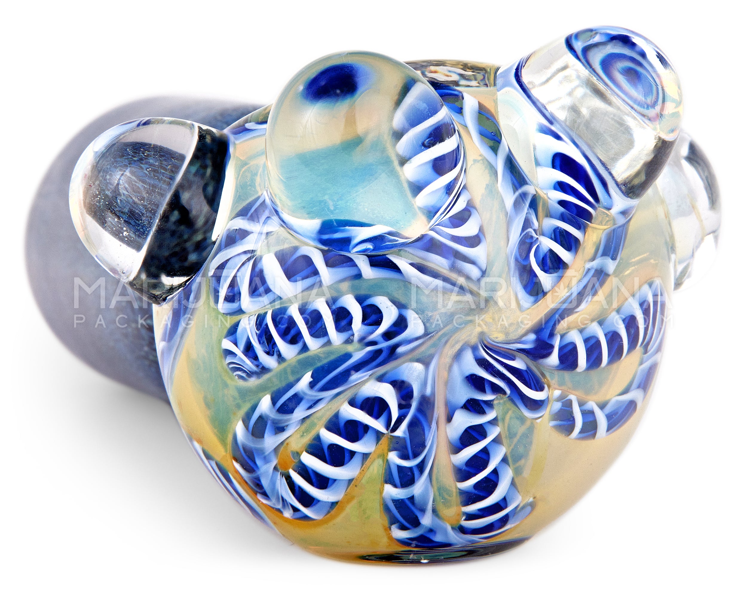 Double Blown | Ribboned & Frit Bottleneck Spoon Hand Pipe w/ Triple Knockers | 4.5in Long - Thick Glass - Assorted - 3