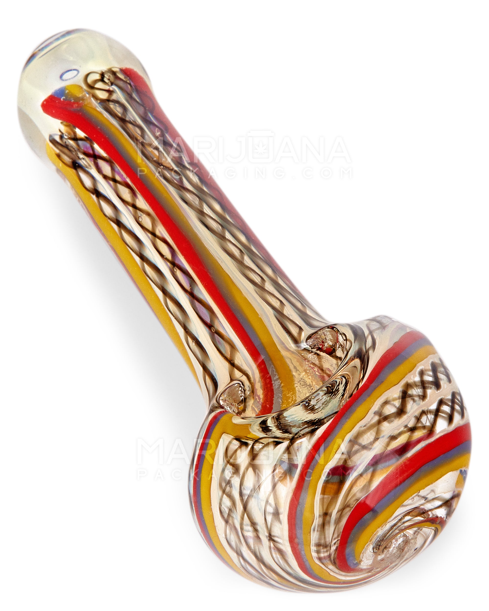 Ribboned & Multi Fumed Spoon Hand Pipe w/ Stripes | 4in Long - Glass - Assorted - 7